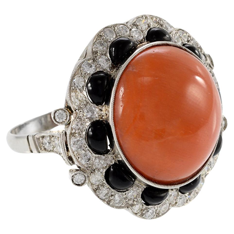 Estate Platinum Diamond, Black Onyx And Coral Ring