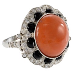 Estate Platinum Diamond, Black Onyx And Coral Ring