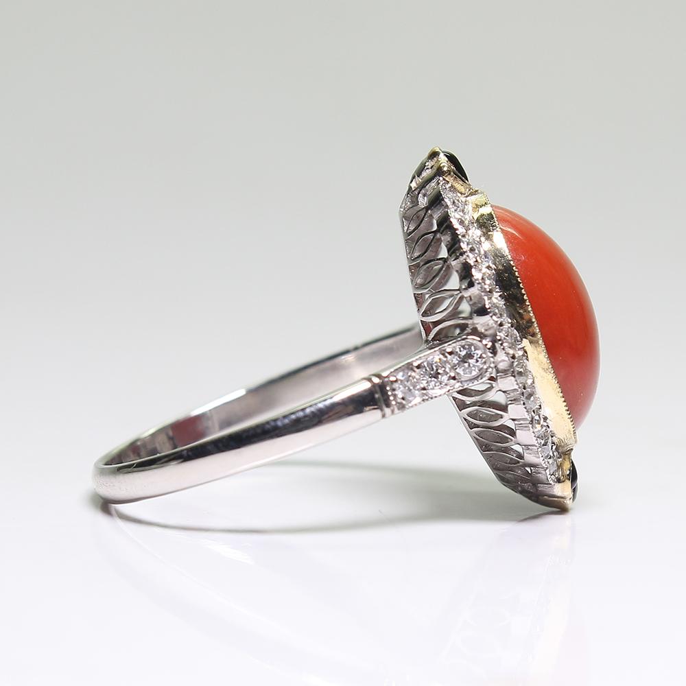 Cabochon Coral, Diamond, and Onyx Cocktail Ring