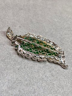 Estate Platinum Diamond Untreated Vivid Green Jade Leaf Pendant Brooch Necklace