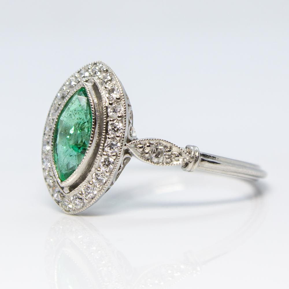 Marquise Cut Estate Platinum Emerald and Diamond Ring