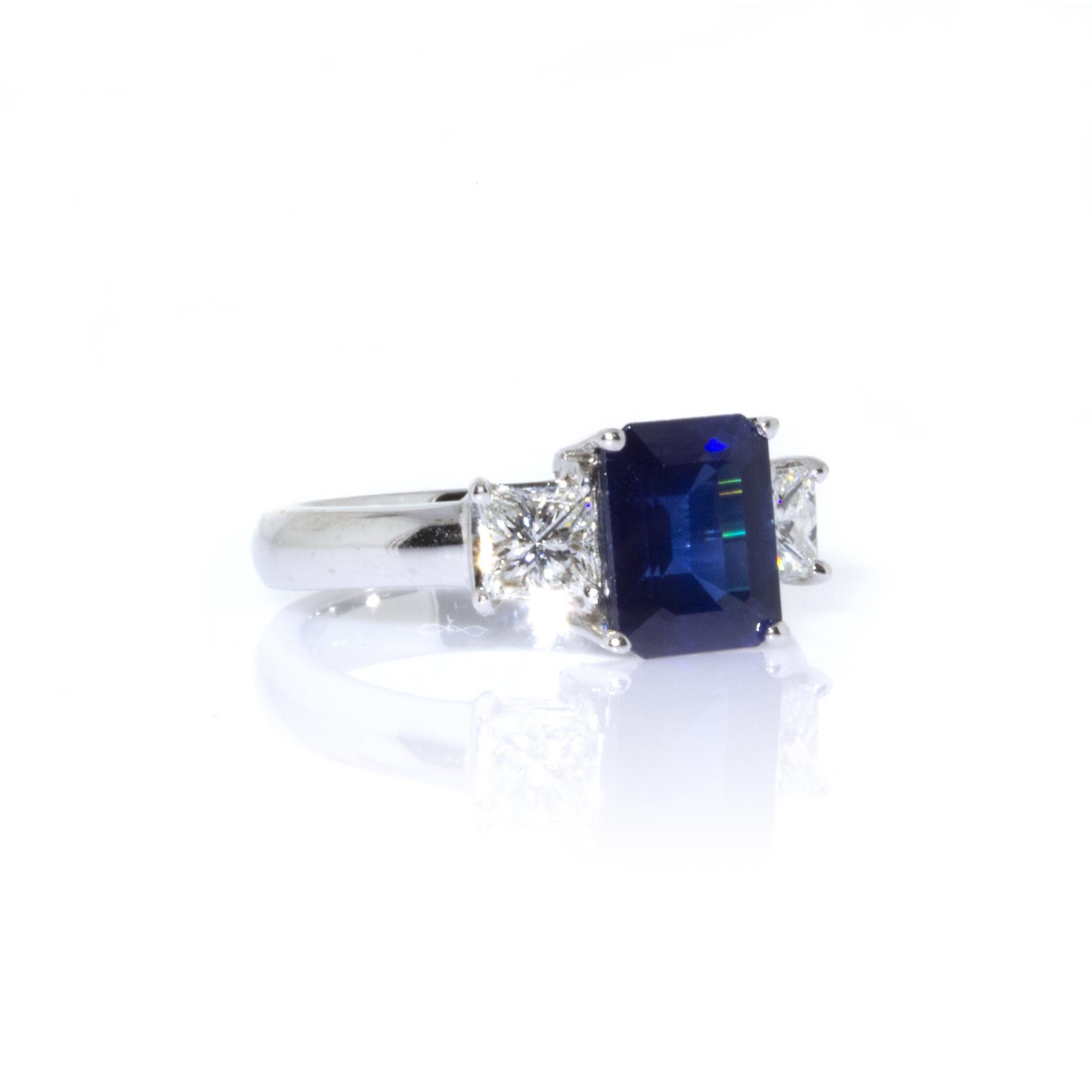 Women's or Men's Estate Platinum Emerald Cut Sapphire and Diamond Ring For Sale