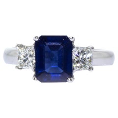 Estate Platinum Emerald Cut Sapphire and Diamond Ring