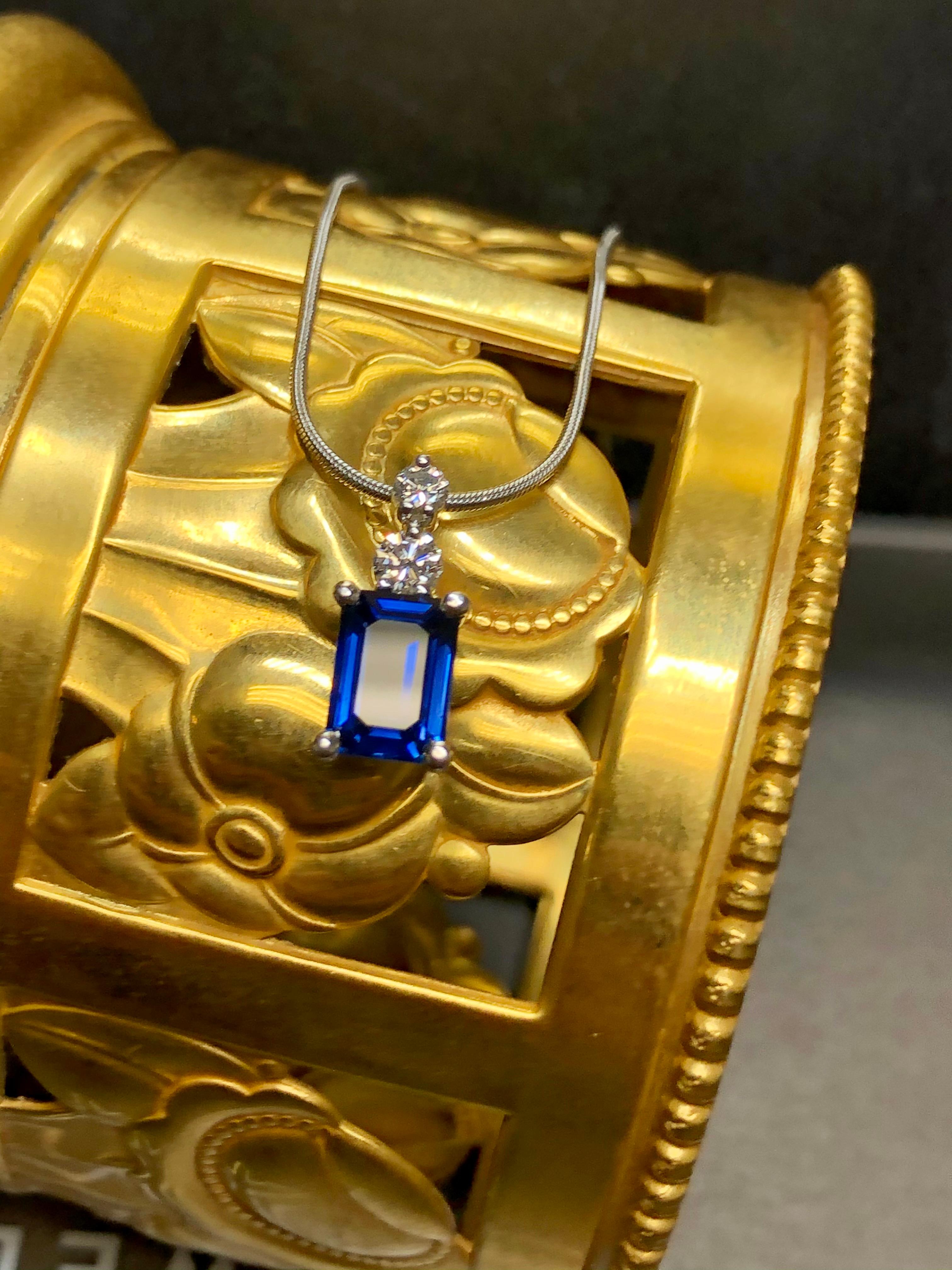 Estate Platinum Emerald Cut Sapphire Diamond Pendant Snake Necklace 18” GIA 5
