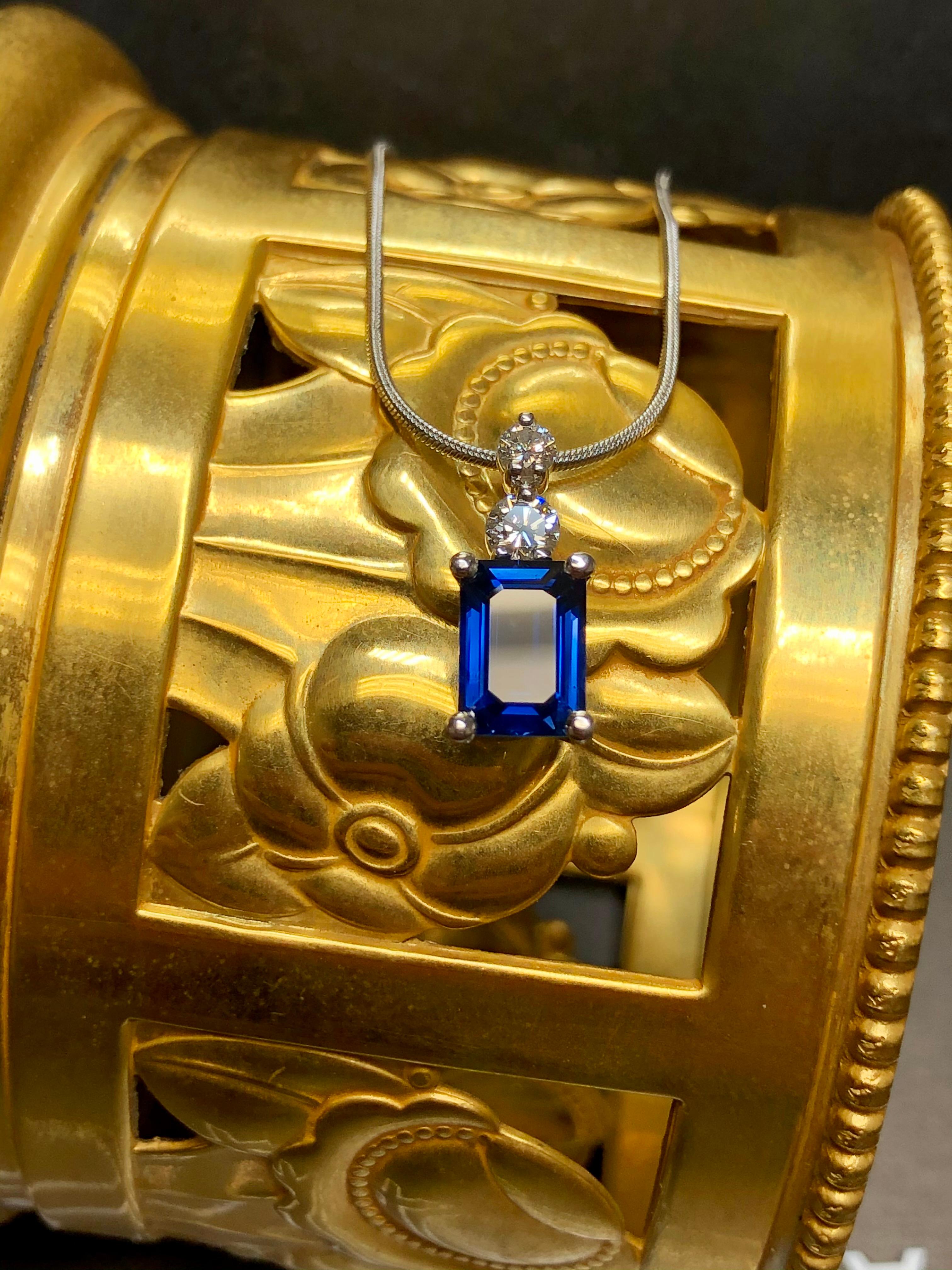 Estate Platinum Emerald Cut Sapphire Diamond Pendant Snake Necklace 18” GIA 7