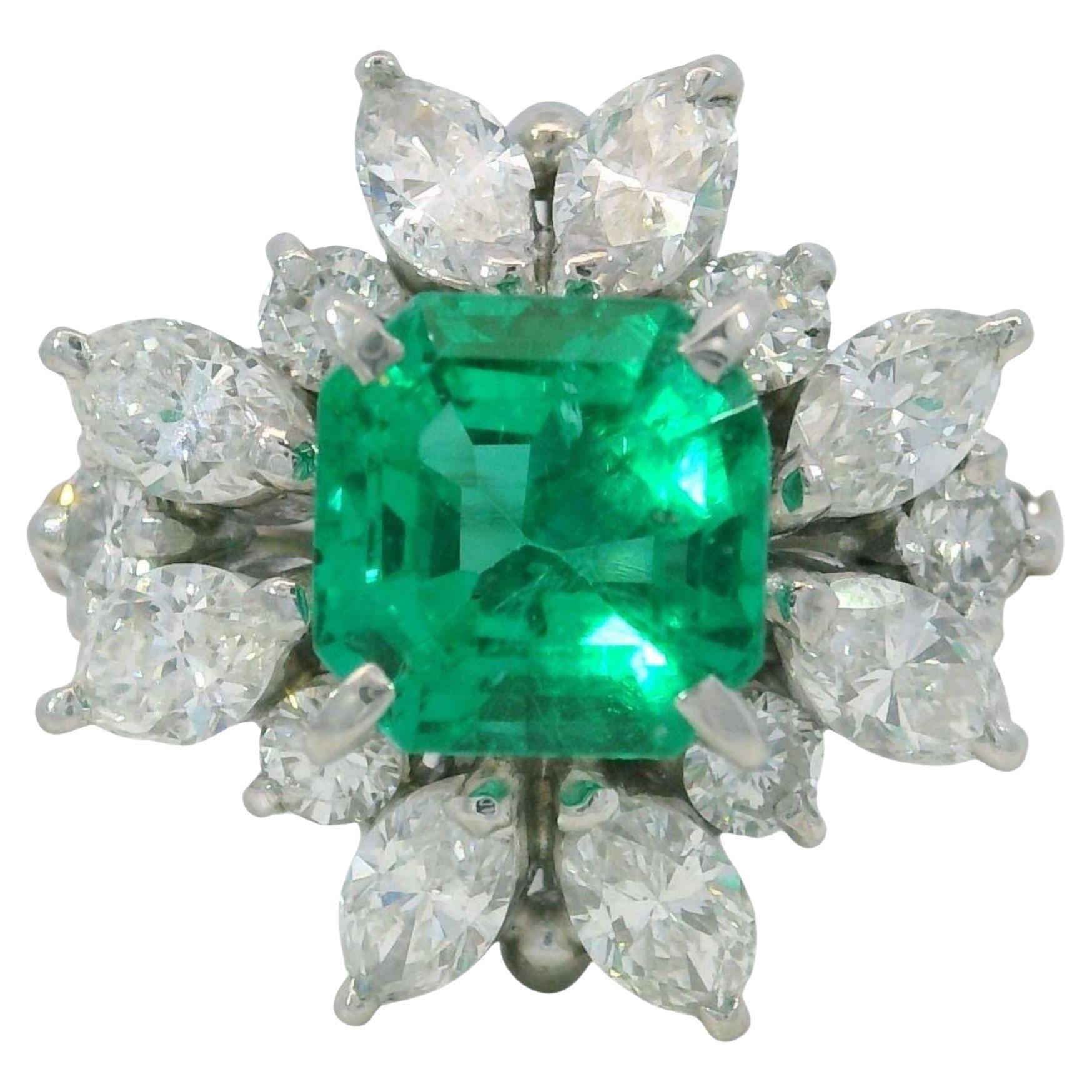 Estate Platinum Emerald Diamond Cluster Ring AGL Certified Gem Emerald ~2.48ctw For Sale