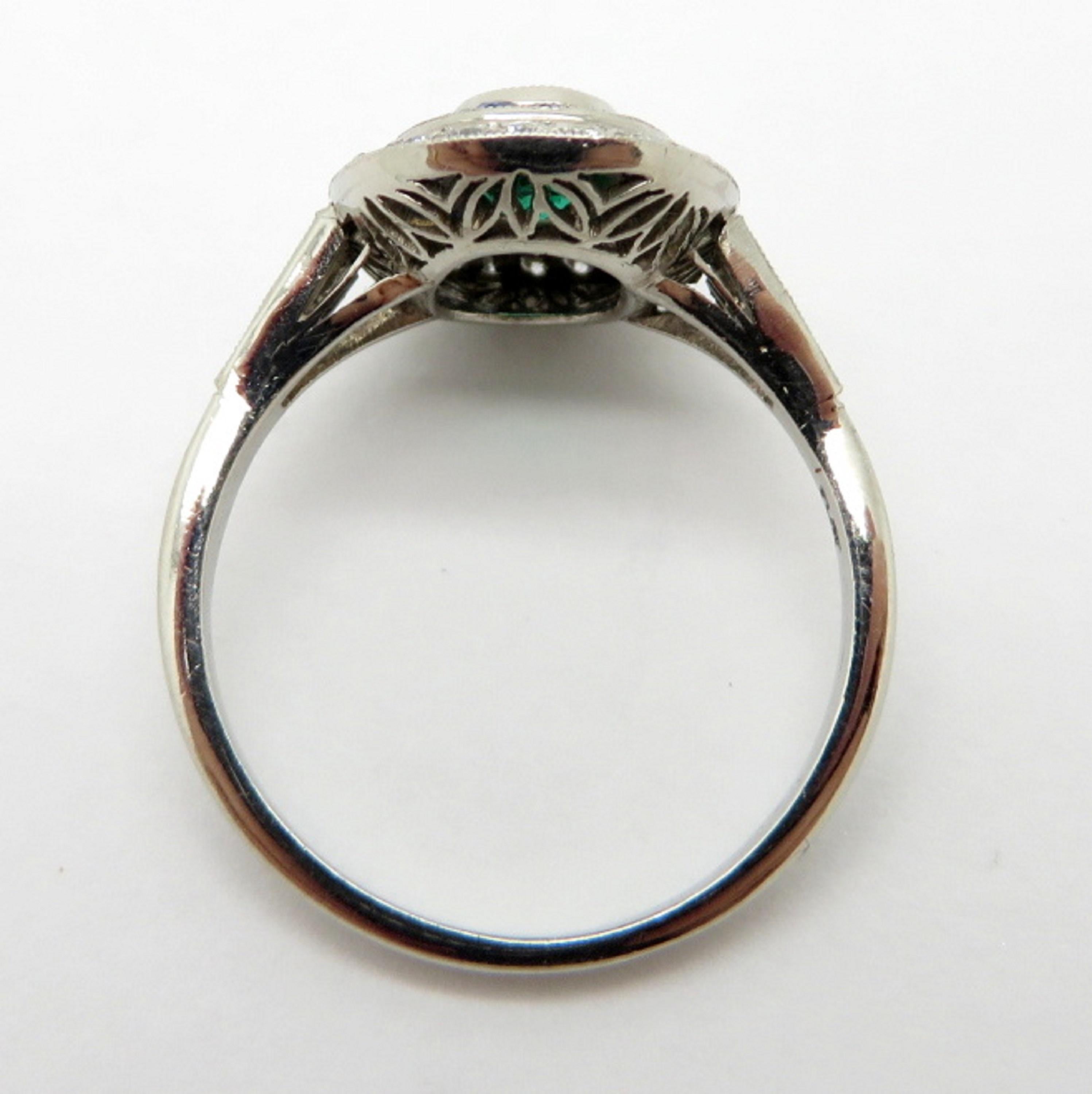 Art Deco Estate Platinum Emerald, Sapphire and Diamond Halo Ring