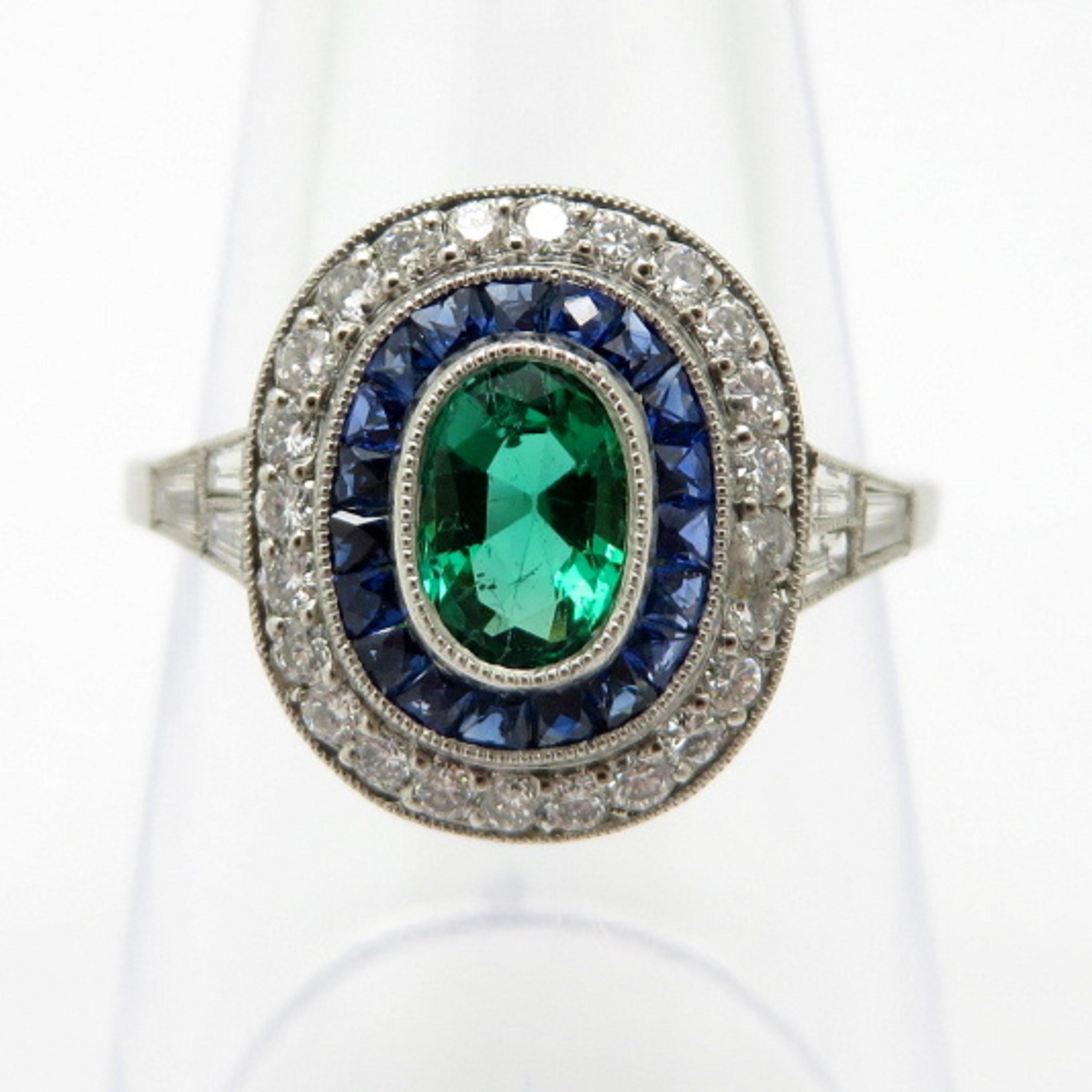 Estate Platinum Emerald, Sapphire and Diamond Halo Ring In Excellent Condition In Scottsdale, AZ