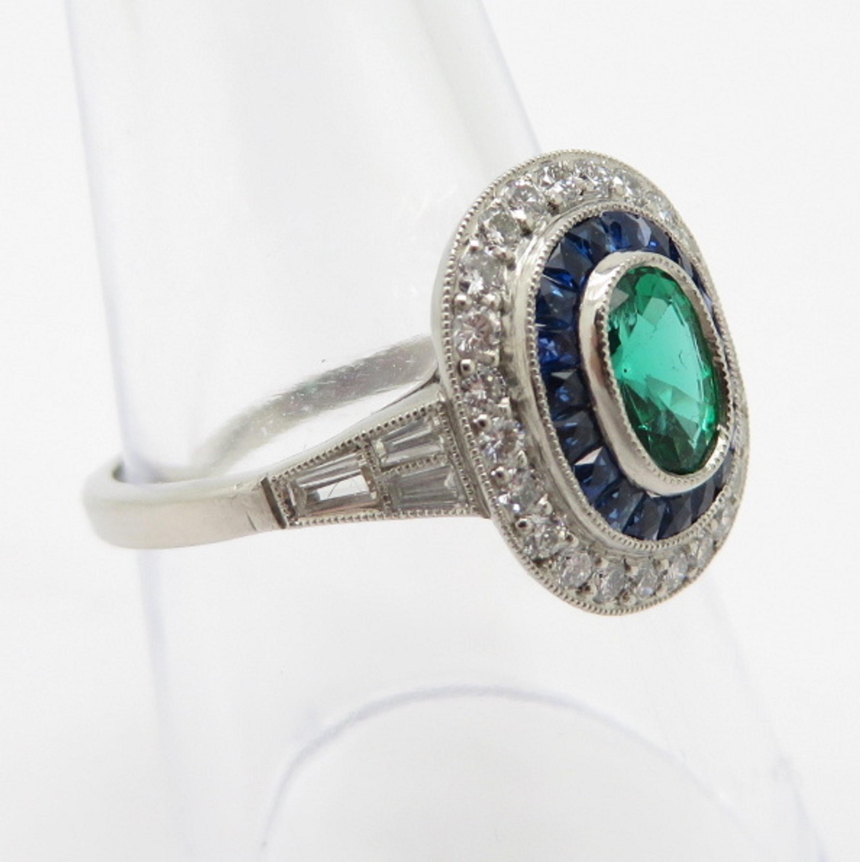 Estate Platinum Emerald, Sapphire and Diamond Halo Ring 1