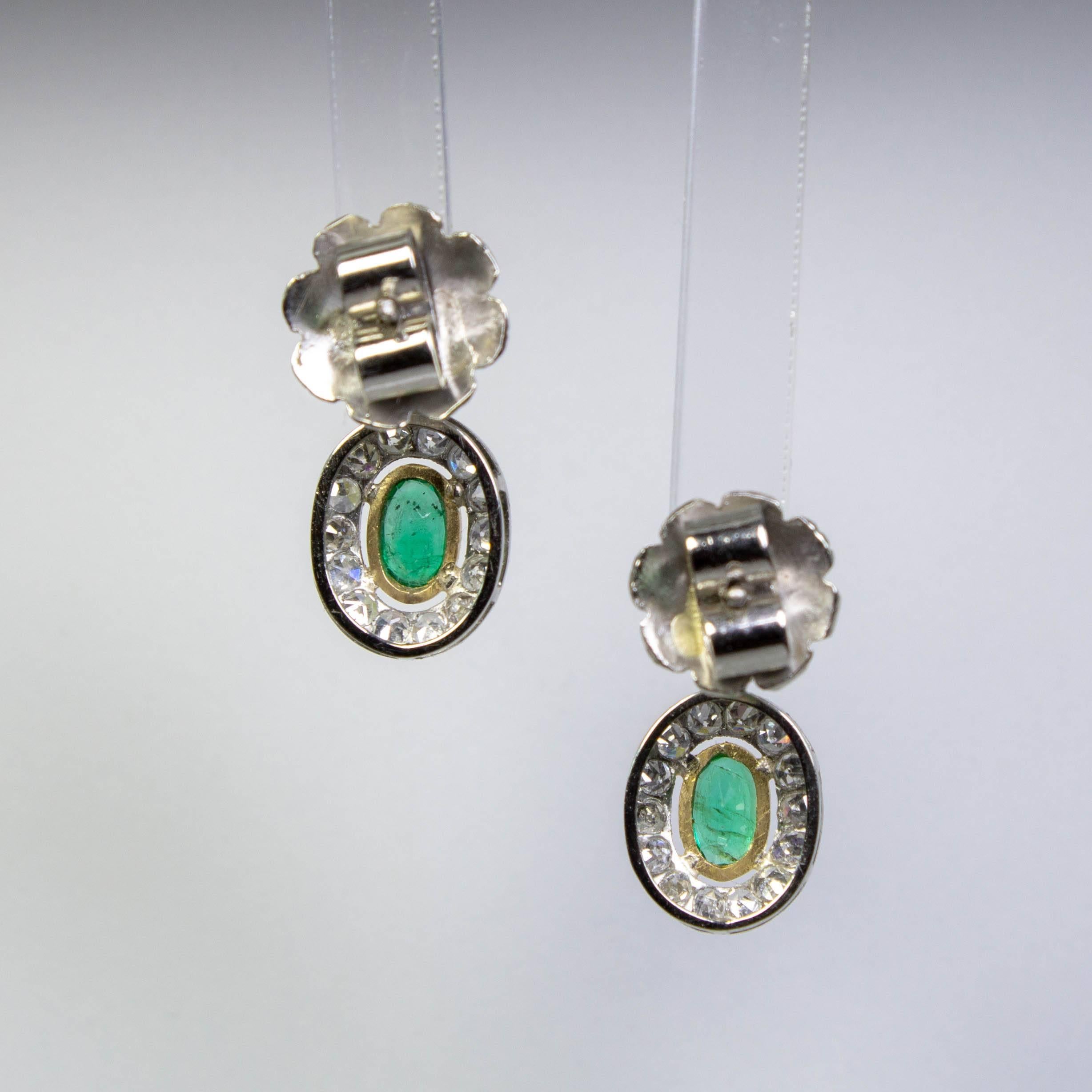 Art Deco Estate Platinum Emeralds and Old Mine Diamond Earrings
