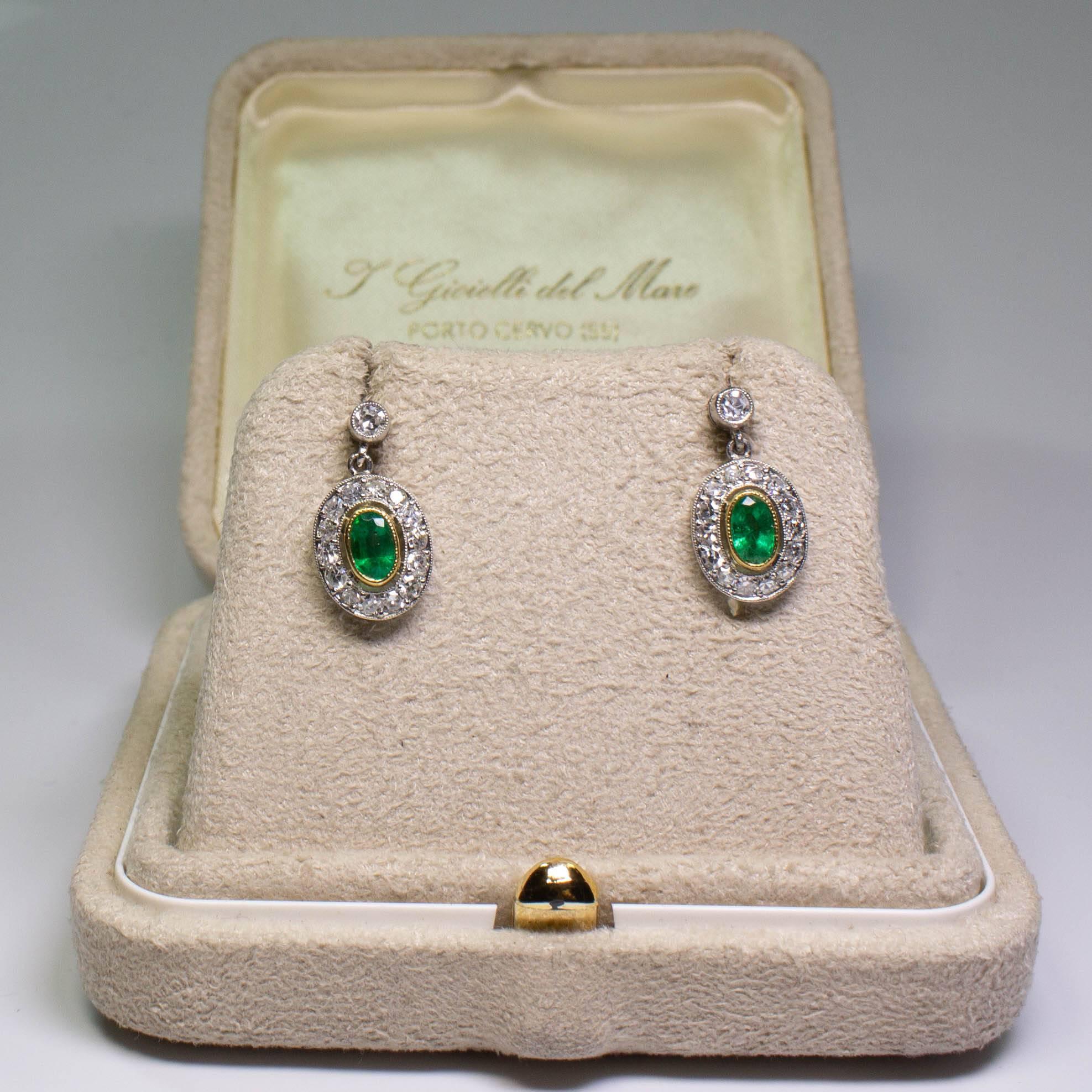 Estate Platinum Emeralds and Old Mine Diamond Earrings In Excellent Condition In Miami, FL