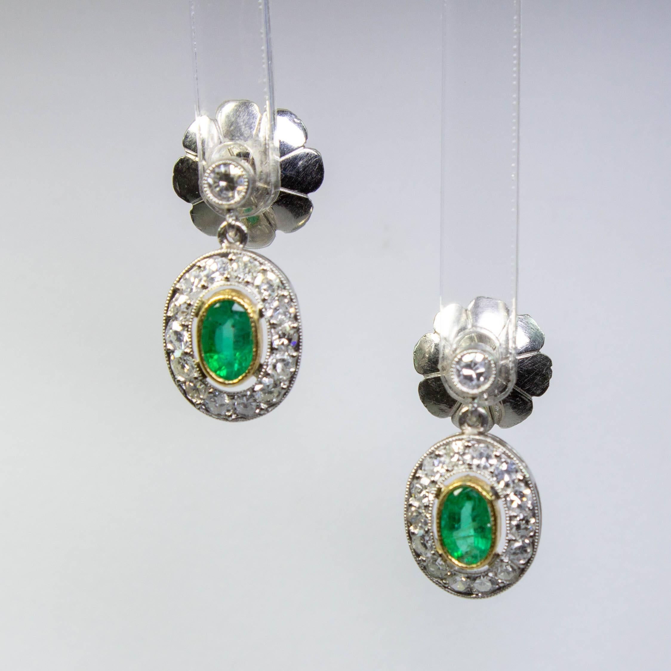 Women's Estate Platinum Emeralds and Old Mine Diamond Earrings