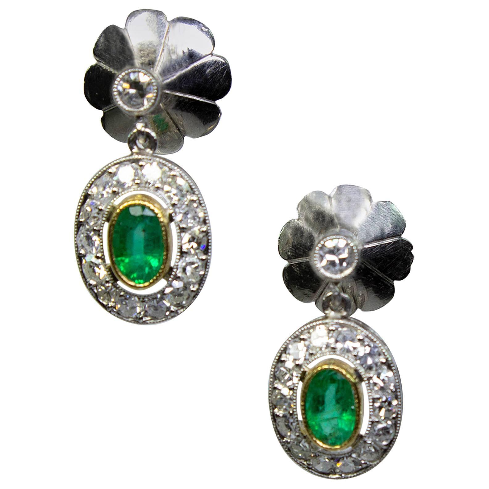 Estate Platinum Emeralds and Old Mine Diamond Earrings