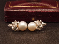 Estate Platinum Floral Pearl and Diamond Earrings - VHK#456A