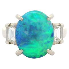 Estate Platinum GIA 3.05ctw Oval Gray Opal 
Baguette Diamond Cocktail Ring