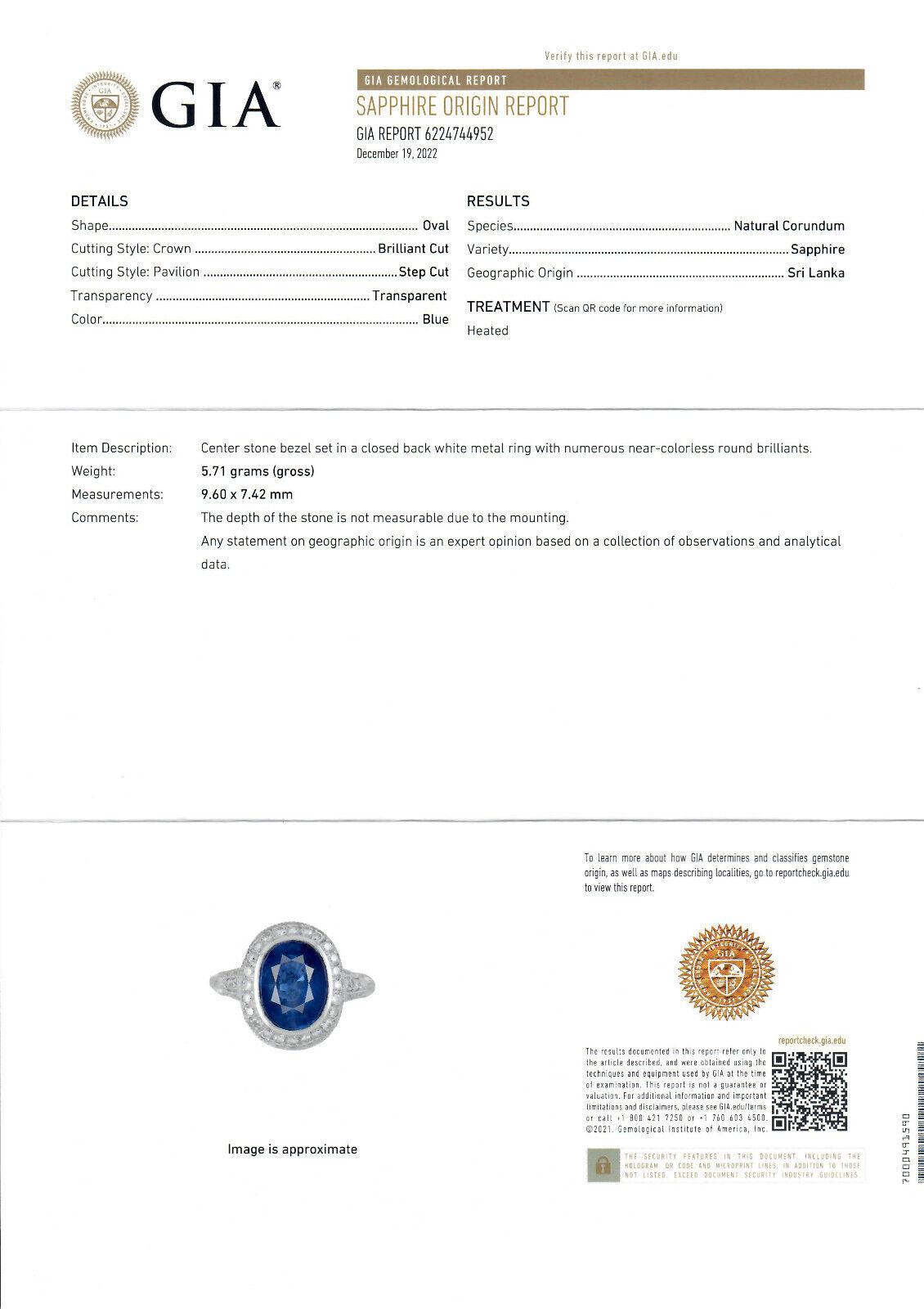 Estate Platinum GIA Oval Ceylon Bezel Sapphire Pave Diamond Halo Engagement Ring For Sale 6