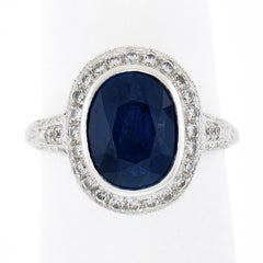 Estate Platinum GIA Oval Ceylon Bezel Sapphire Pave Diamond Halo Engagement Ring