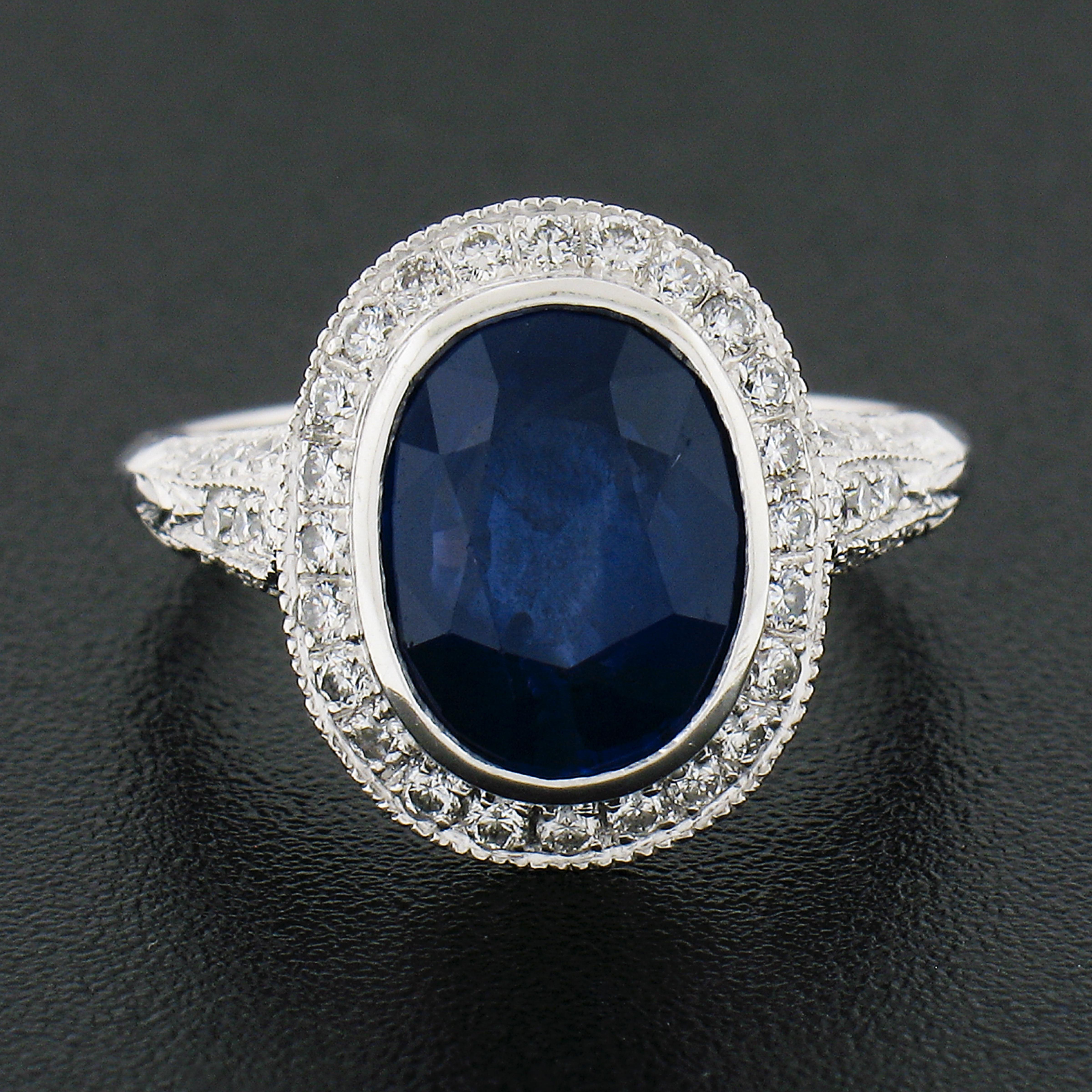 Oval Cut Estate Platinum GIA Oval Ceylon Bezel Sapphire Pave Diamond Halo Engagement Ring For Sale