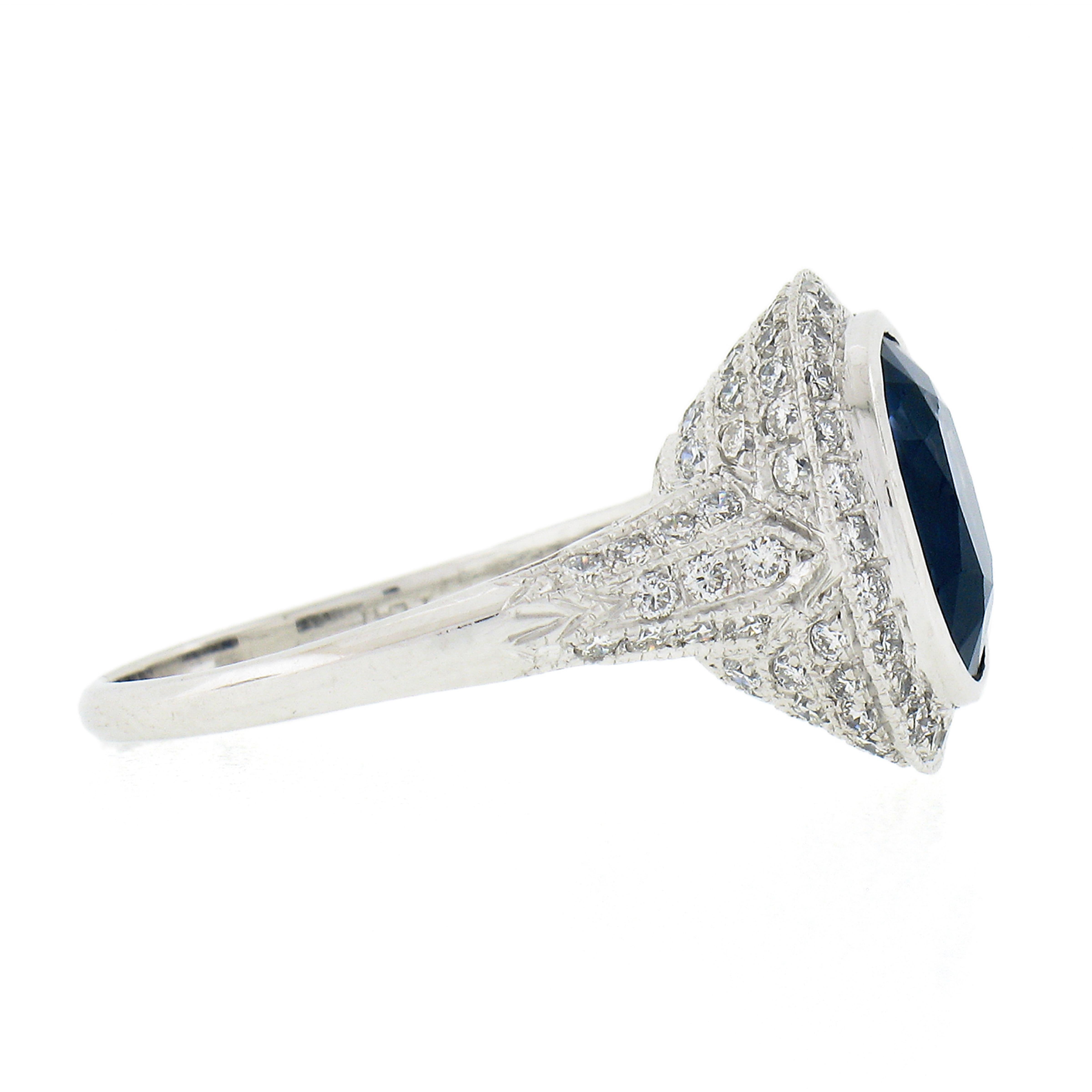 Estate Platinum GIA Oval Ceylon Bezel Sapphire Pave Diamond Halo Engagement Ring For Sale 1