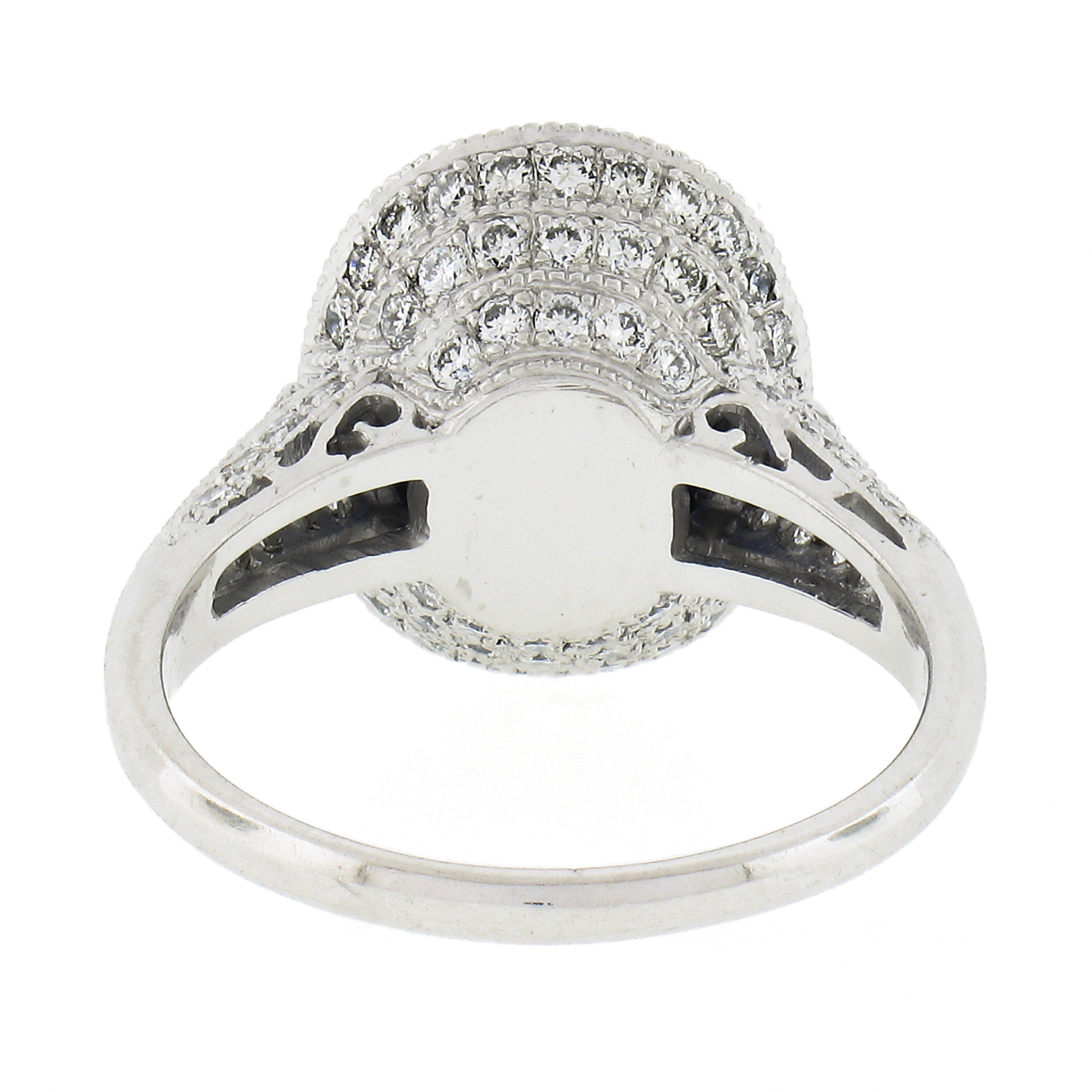 Estate Platinum GIA Oval Ceylon Bezel Sapphire Pave Diamond Halo Engagement Ring For Sale 2