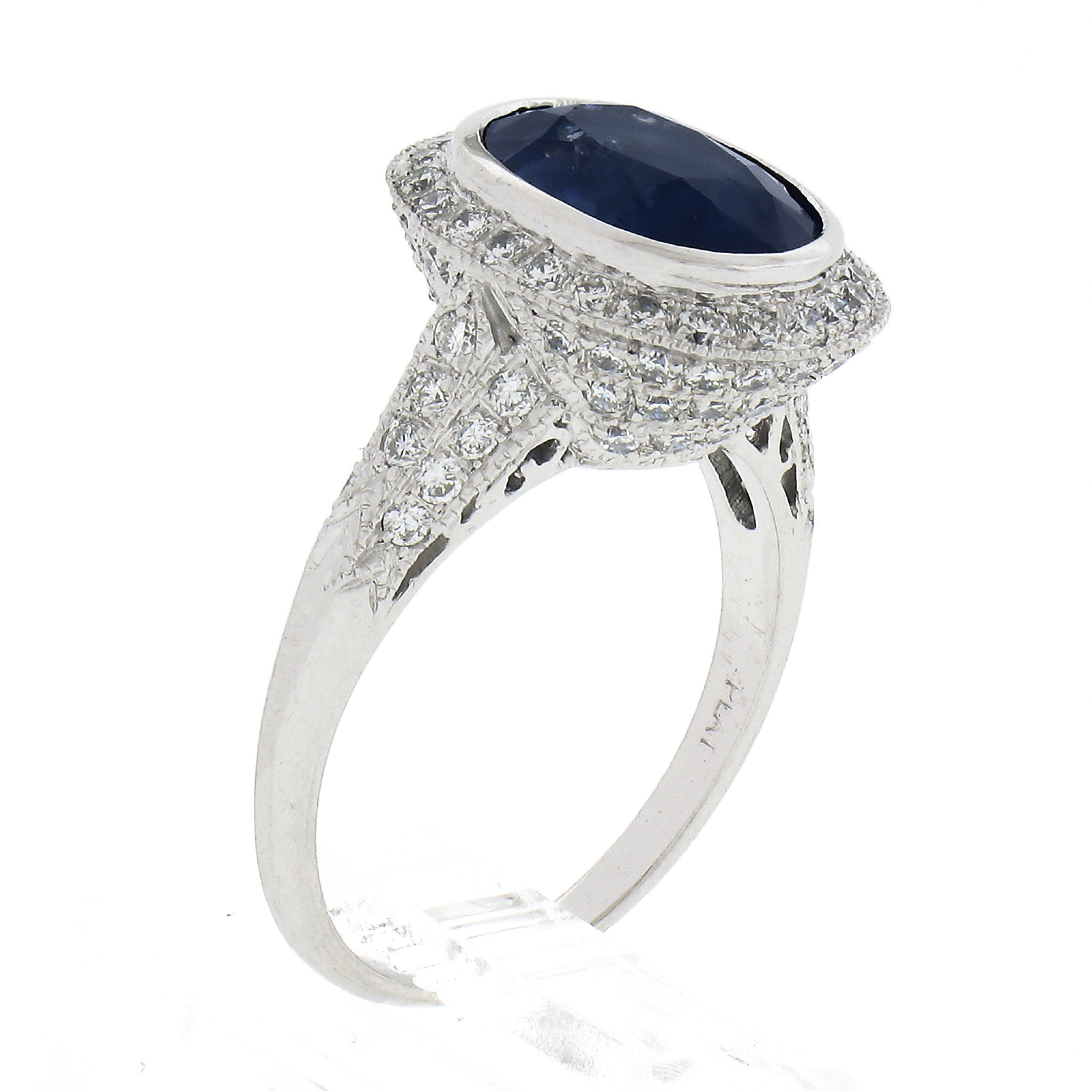 Estate Platinum GIA Oval Ceylon Bezel Sapphire Pave Diamond Halo Engagement Ring For Sale 4