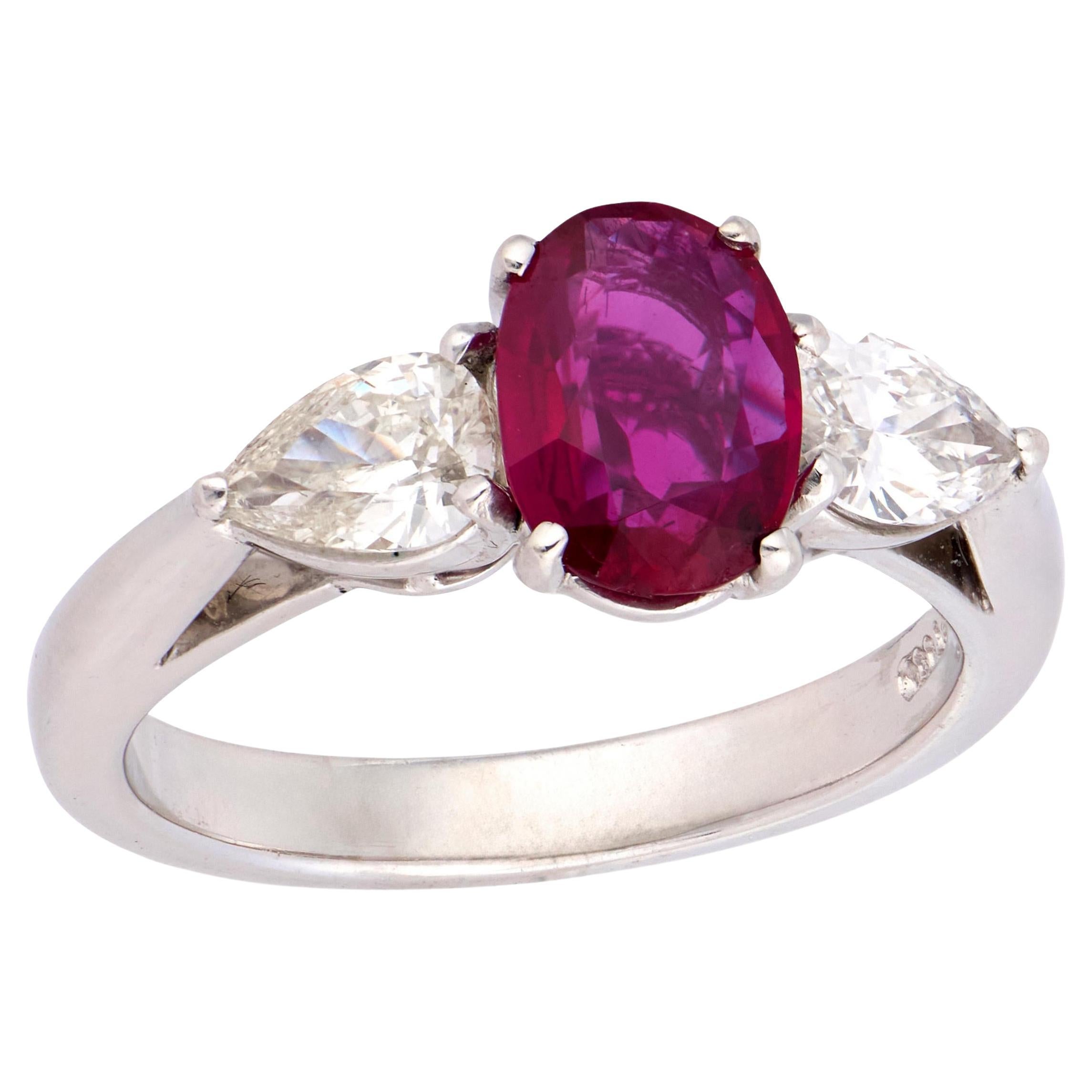 Estate Platinum GIA Ruby 
Diamond Three Stone Ring For Sale