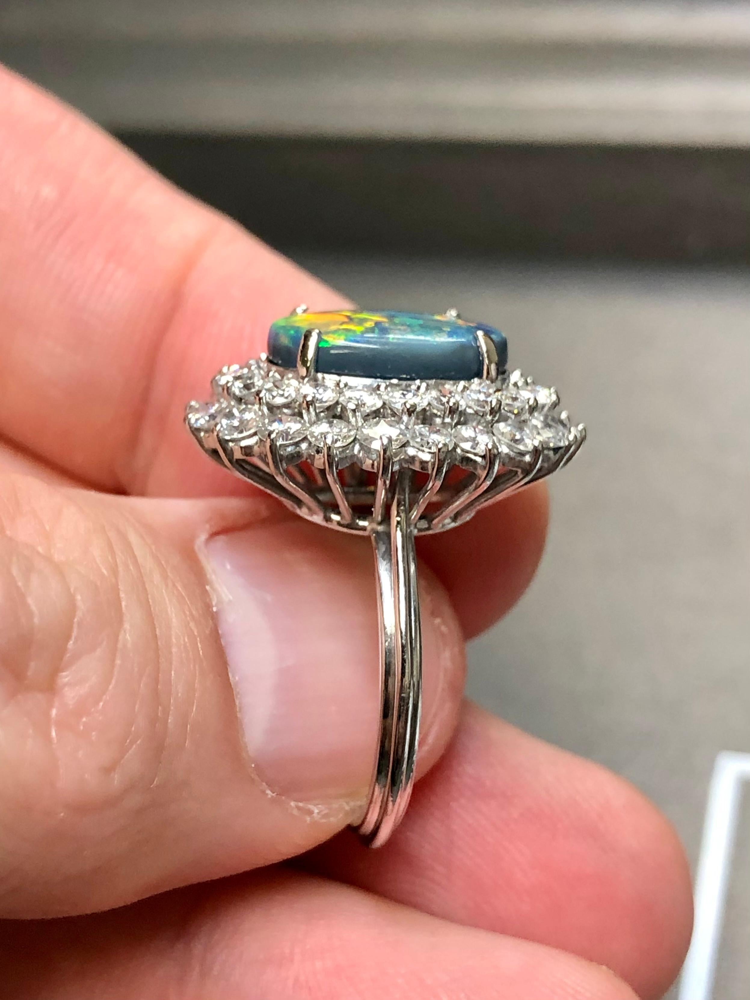 Retro Estate Platinum Harlequin Black Opal Diamond Cocktail Ring Sz 6.5 GIA For Sale