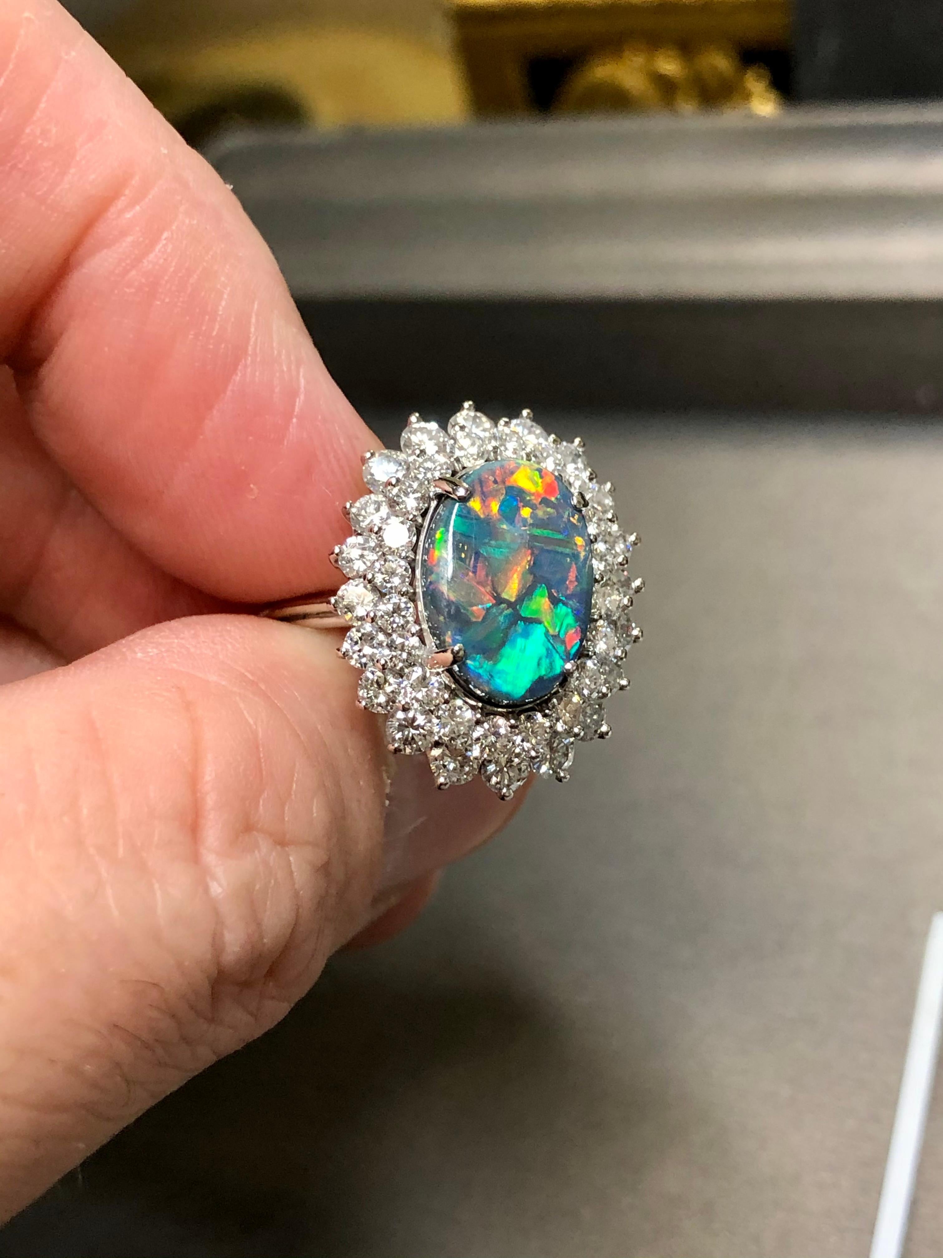 Estate Platinum Harlequin Black Opal Diamond Cocktail Ring Sz 6.5 GIA In Good Condition For Sale In Winter Springs, FL