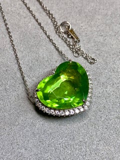 Estate Platinum Heart Shaped Peridot & Diamond Halo Pendant Necklace 24.25ctw