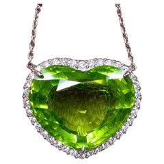 Estate Platinum Heart Shaped Peridot & Diamond Halo Pendant Necklace 24.25ctw
