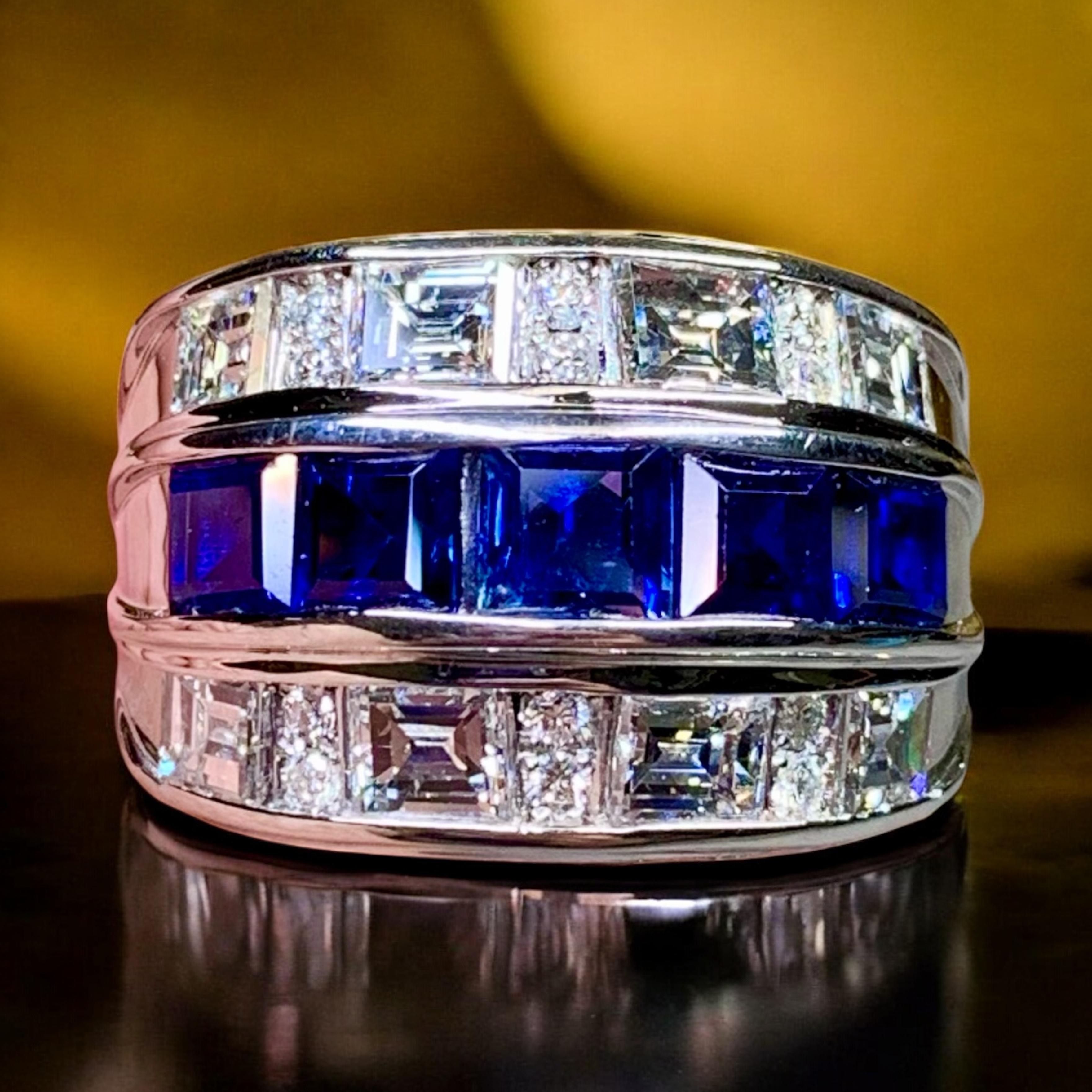 Estate Platinum Large Baguette Diamond Sapphire Wide Band Cocktail Ring 5.64ctw For Sale 4