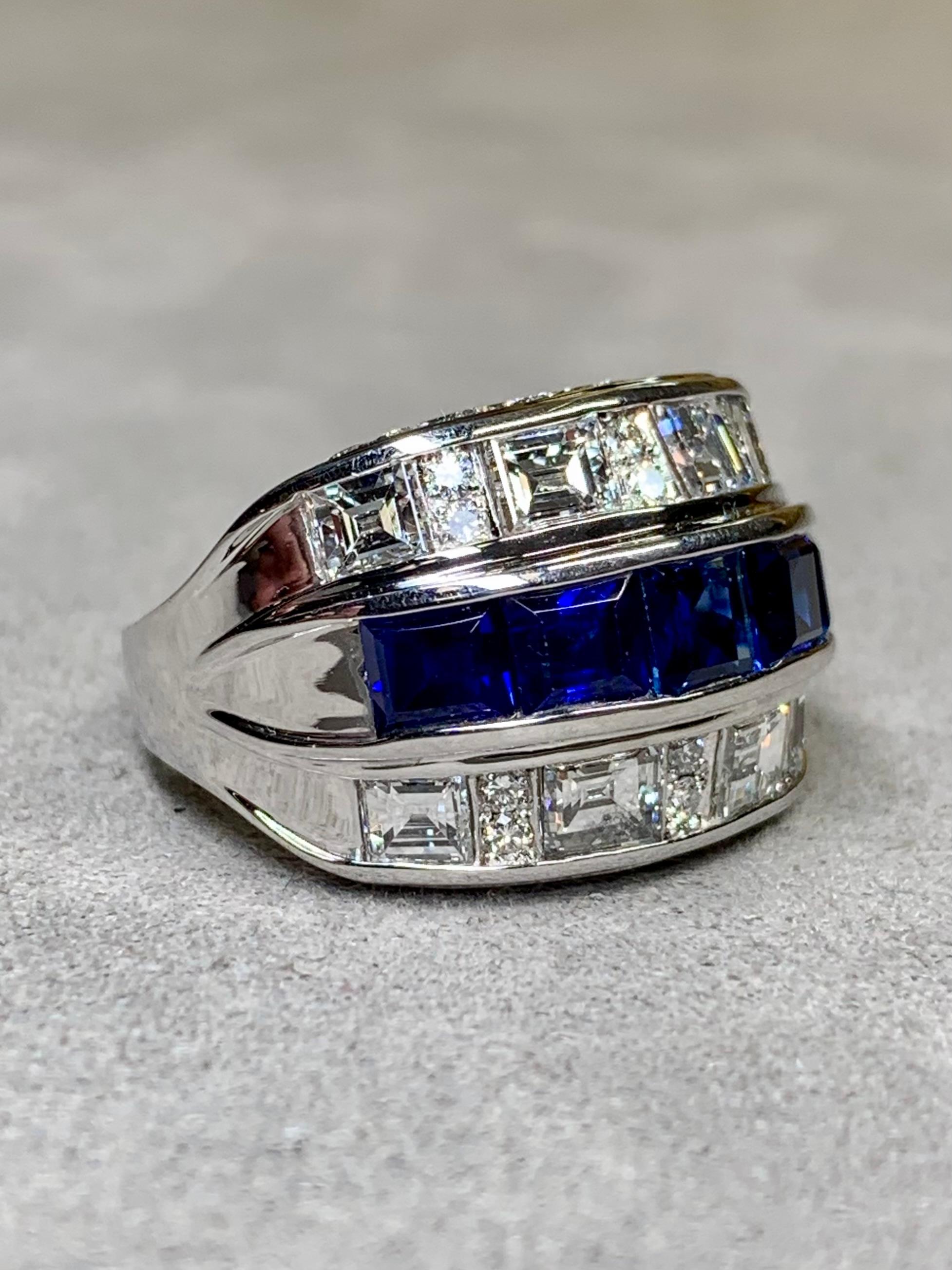 Retro Estate Platinum Large Baguette Diamond Sapphire Wide Band Cocktail Ring 5.64ctw For Sale