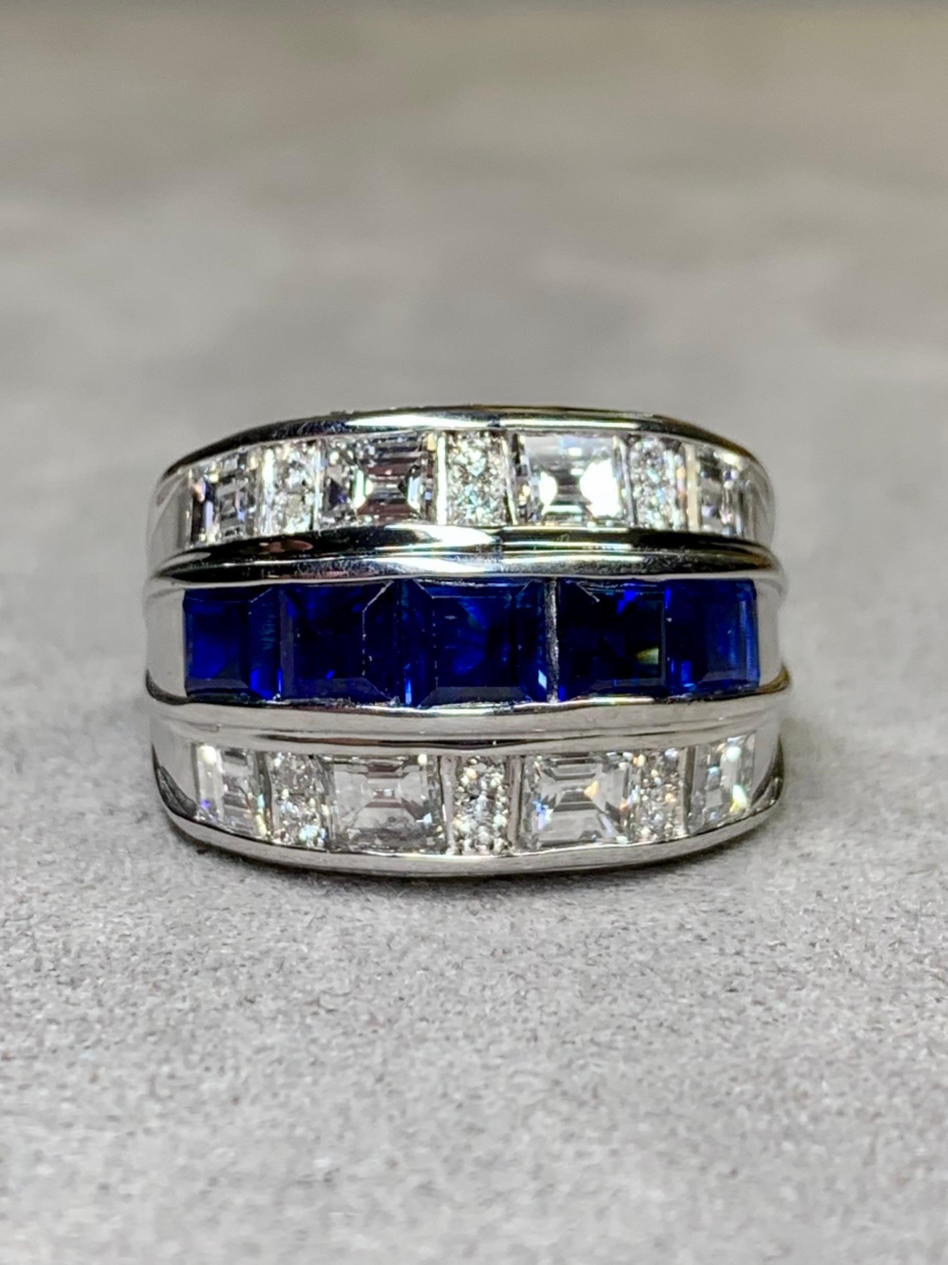 Baguette Cut Estate Platinum Large Baguette Diamond Sapphire Wide Band Cocktail Ring 5.64ctw For Sale