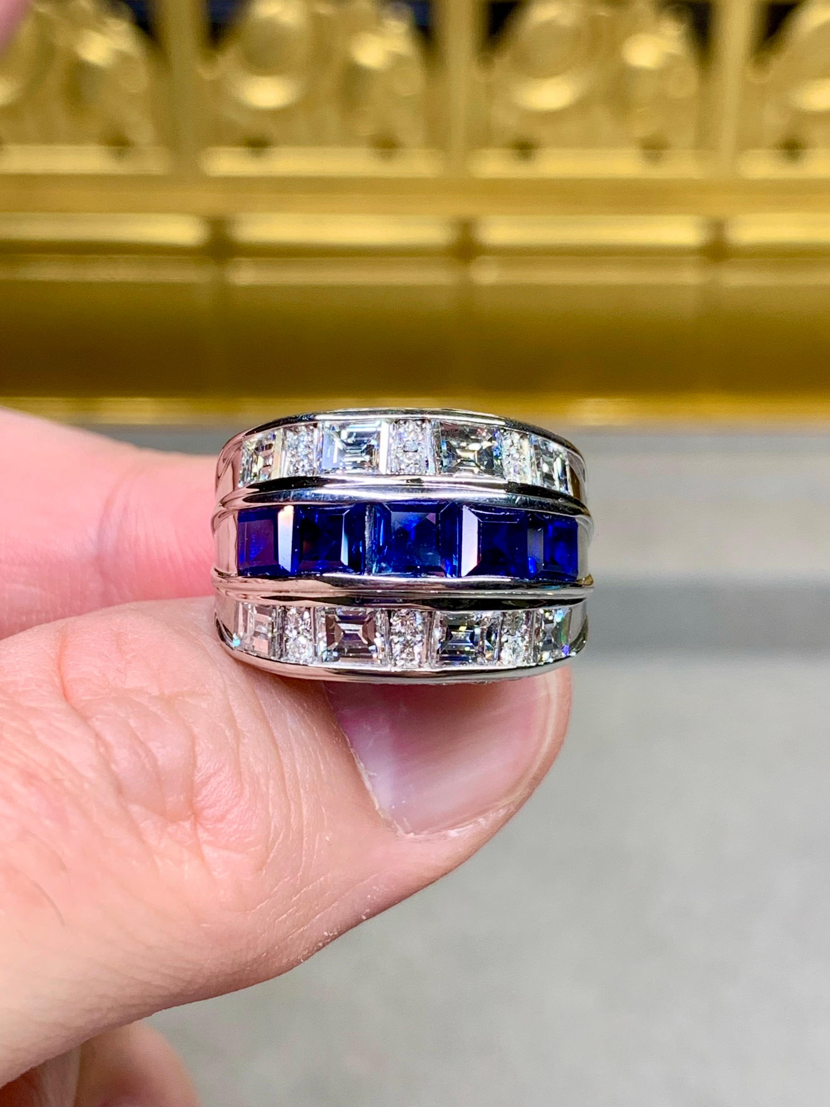 Estate Platinum Large Baguette Diamond Sapphire Wide Band Cocktail Ring 5.64ctw In Excellent Condition For Sale In Winter Springs, FL