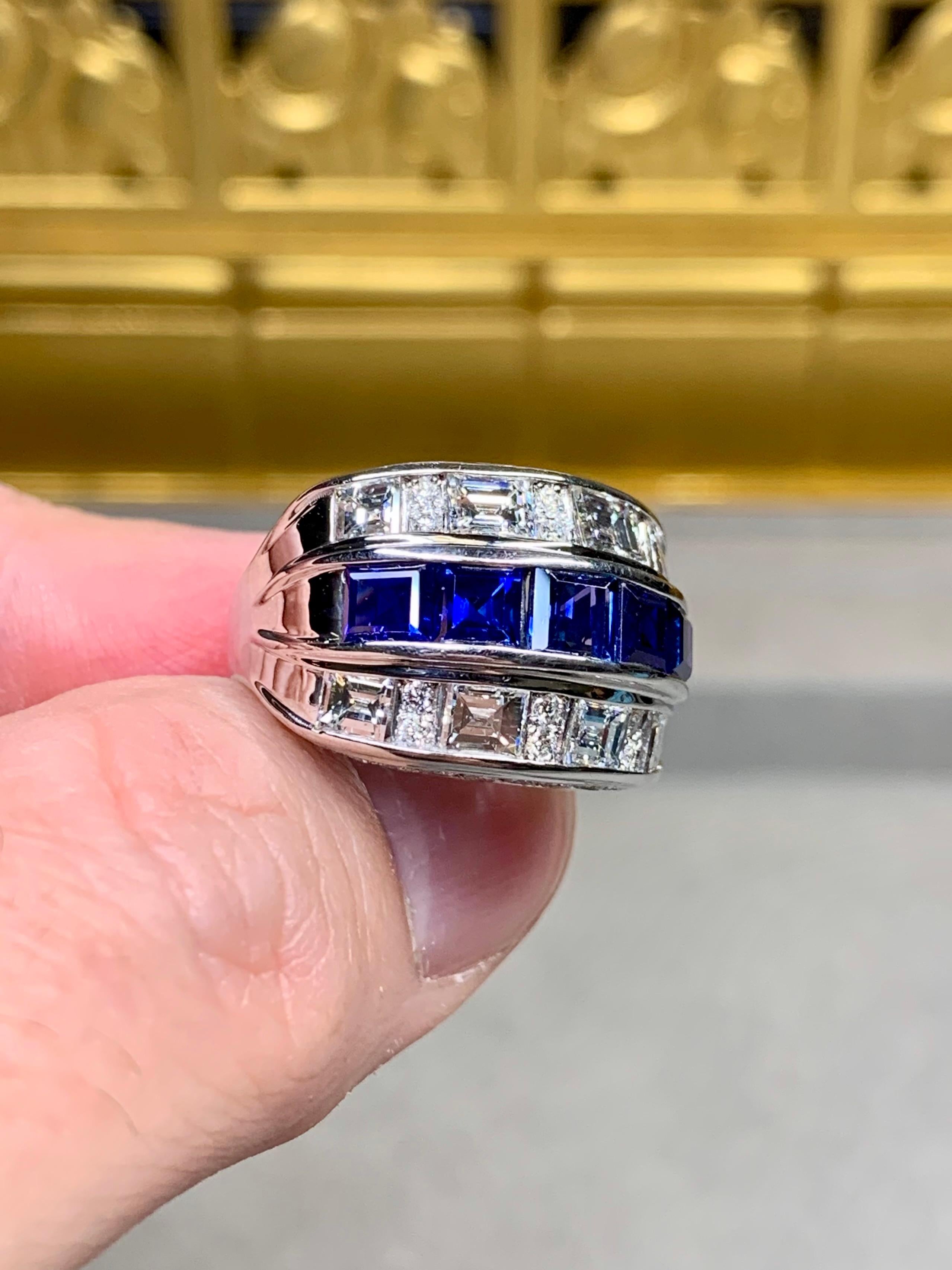 Women's or Men's Estate Platinum Large Baguette Diamond Sapphire Wide Band Cocktail Ring 5.64ctw For Sale