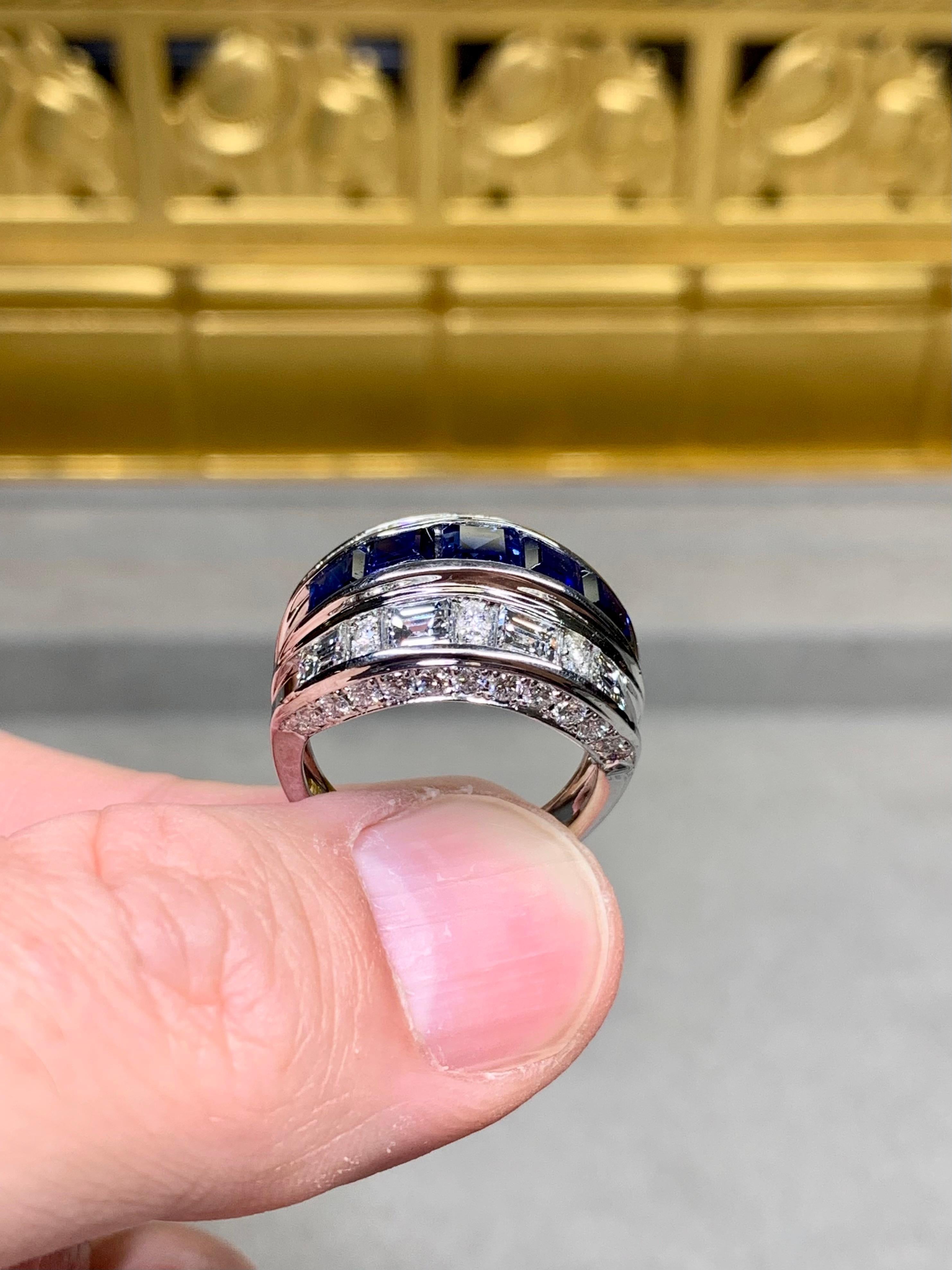 Estate Platinum Large Baguette Diamond Sapphire Wide Band Cocktail Ring 5.64ctw For Sale 1