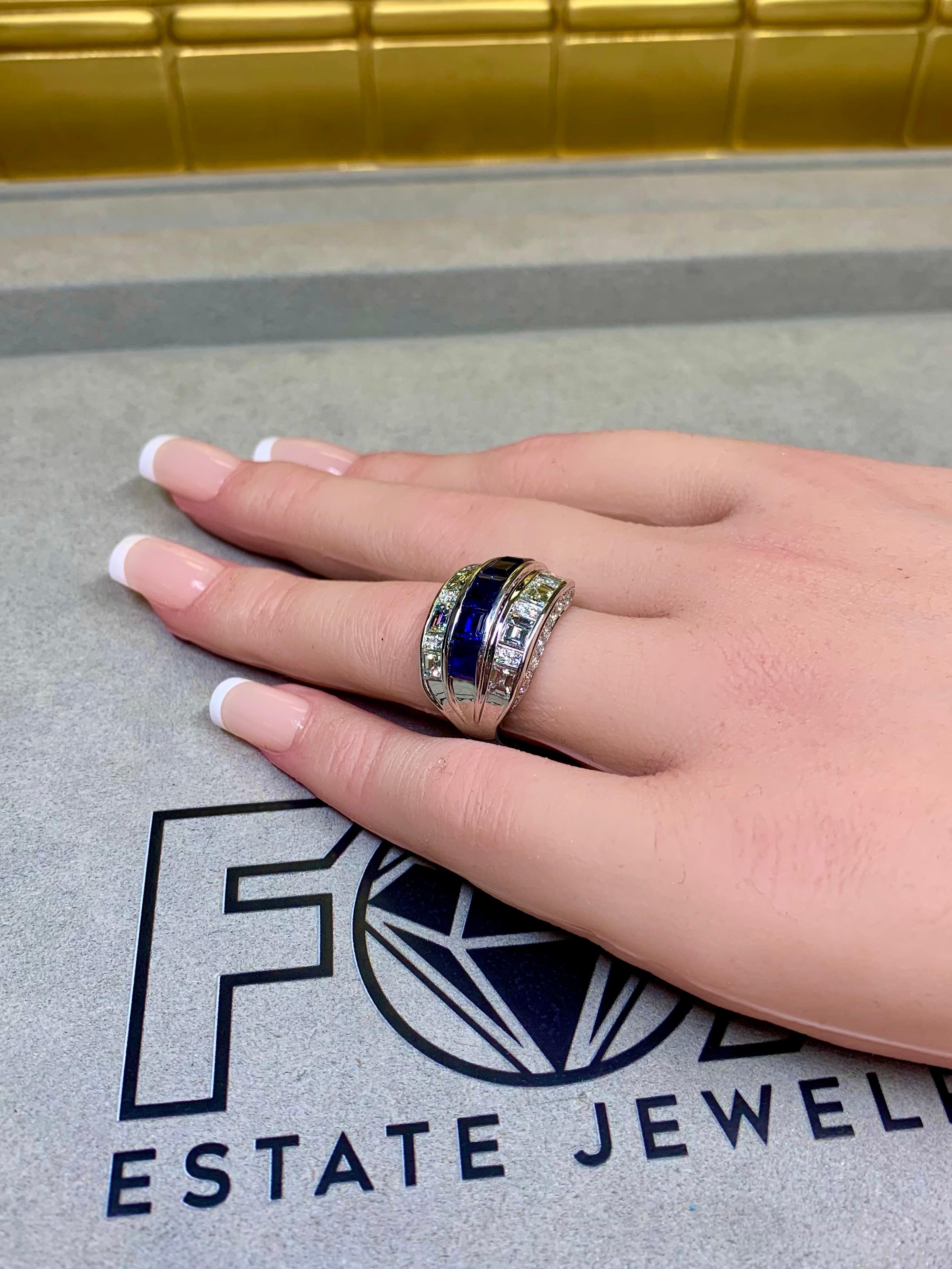 Estate Platinum Large Baguette Diamond Sapphire Wide Band Cocktail Ring 5.64ctw For Sale 3