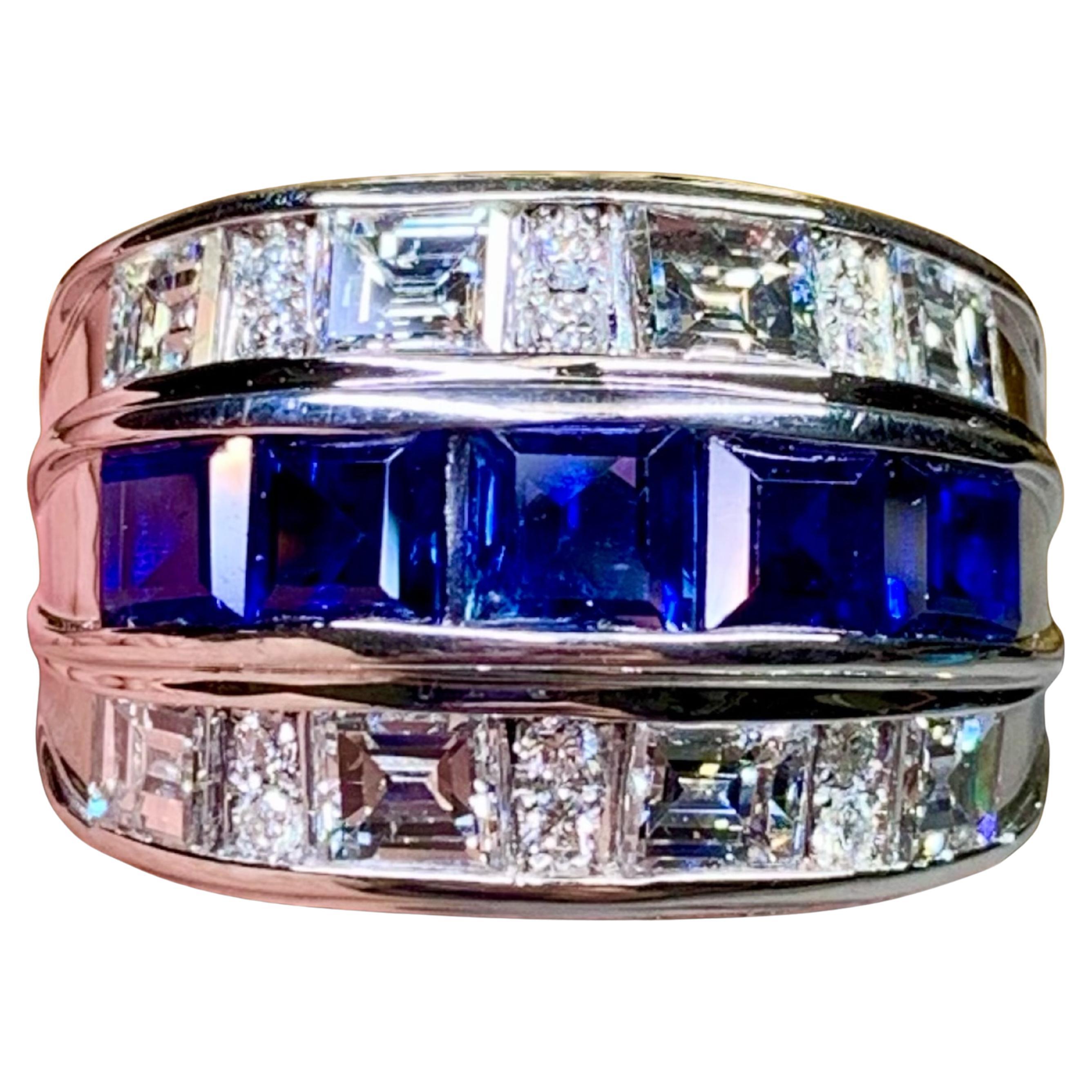 Estate Platinum Large Baguette Diamond Sapphire Wide Band Cocktail Ring 5.64ctw