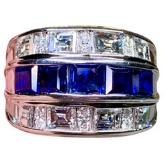 Estate Platinum Large Baguette Diamond Sapphire Wide Band Cocktail Ring 5.64ctw