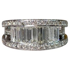 Estate Platin große Baguette Runde Diamant 3 Row Wide Band Cocktail Ring Sz 7