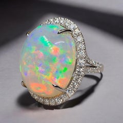 Estate Platinum Large Opal Cabochon Diamond Halo Cocktail Ring 24.38ctw