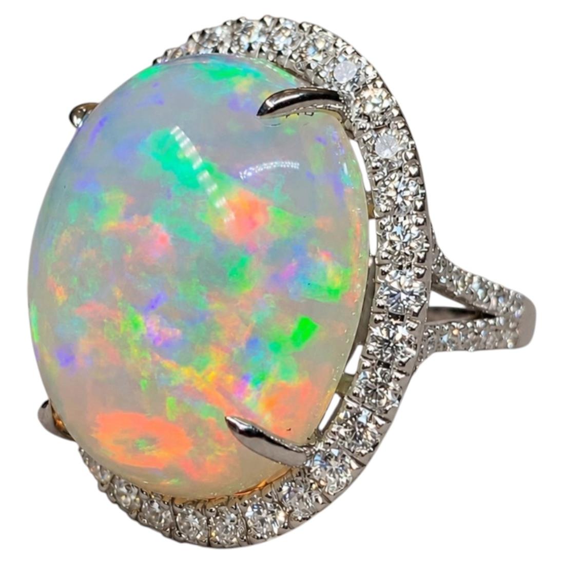 Estate Platinum Large Opal Cabochon Diamond Halo Cocktail Ring 24.38ctw