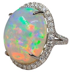 Estate Platinum Large Opal Cabochon Diamond Halo Cocktail Ring 24.38ctw