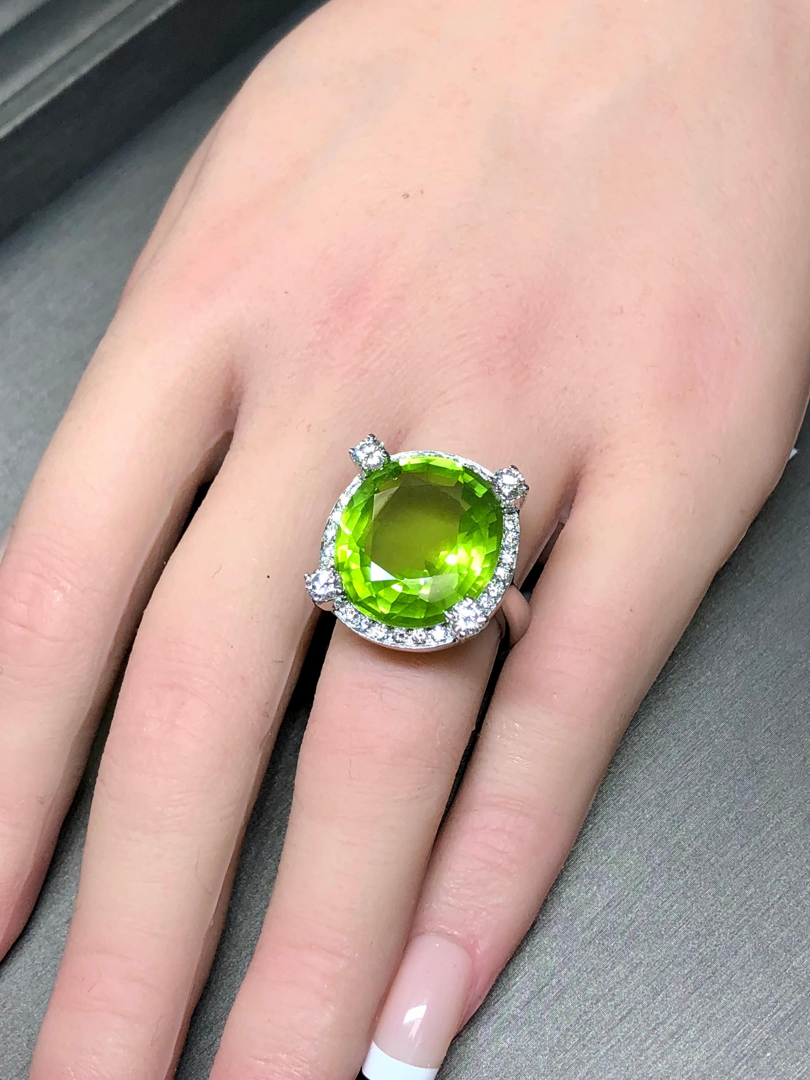 Estate Platinum LARGE Oval Peridot Diamond Cocktail Ring 19.61cttw Sz 6.5 For Sale 1