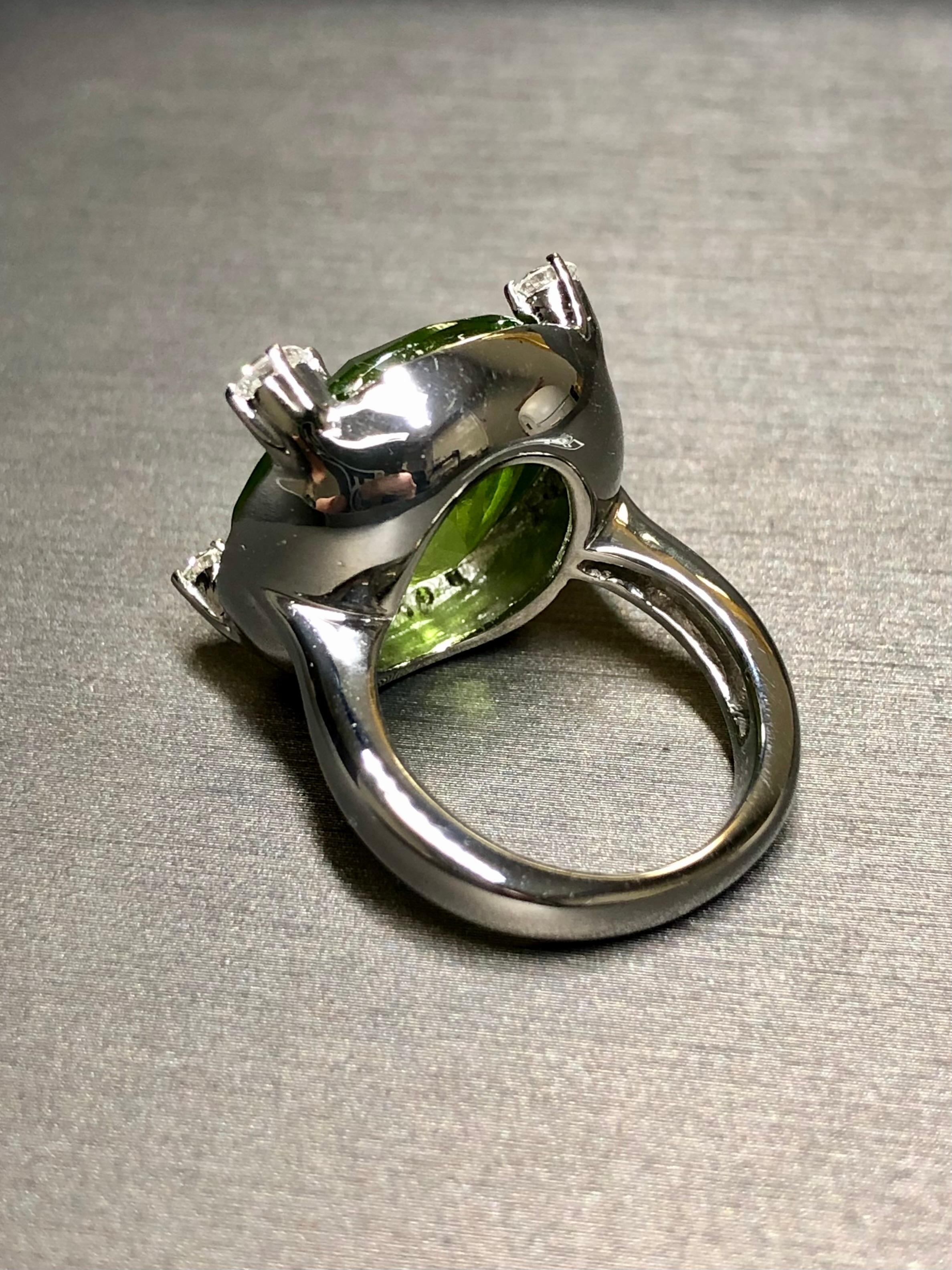 Contemporary Estate Platinum LARGE Oval Peridot Diamond Cocktail Ring 19.61cttw Sz 6.5 For Sale