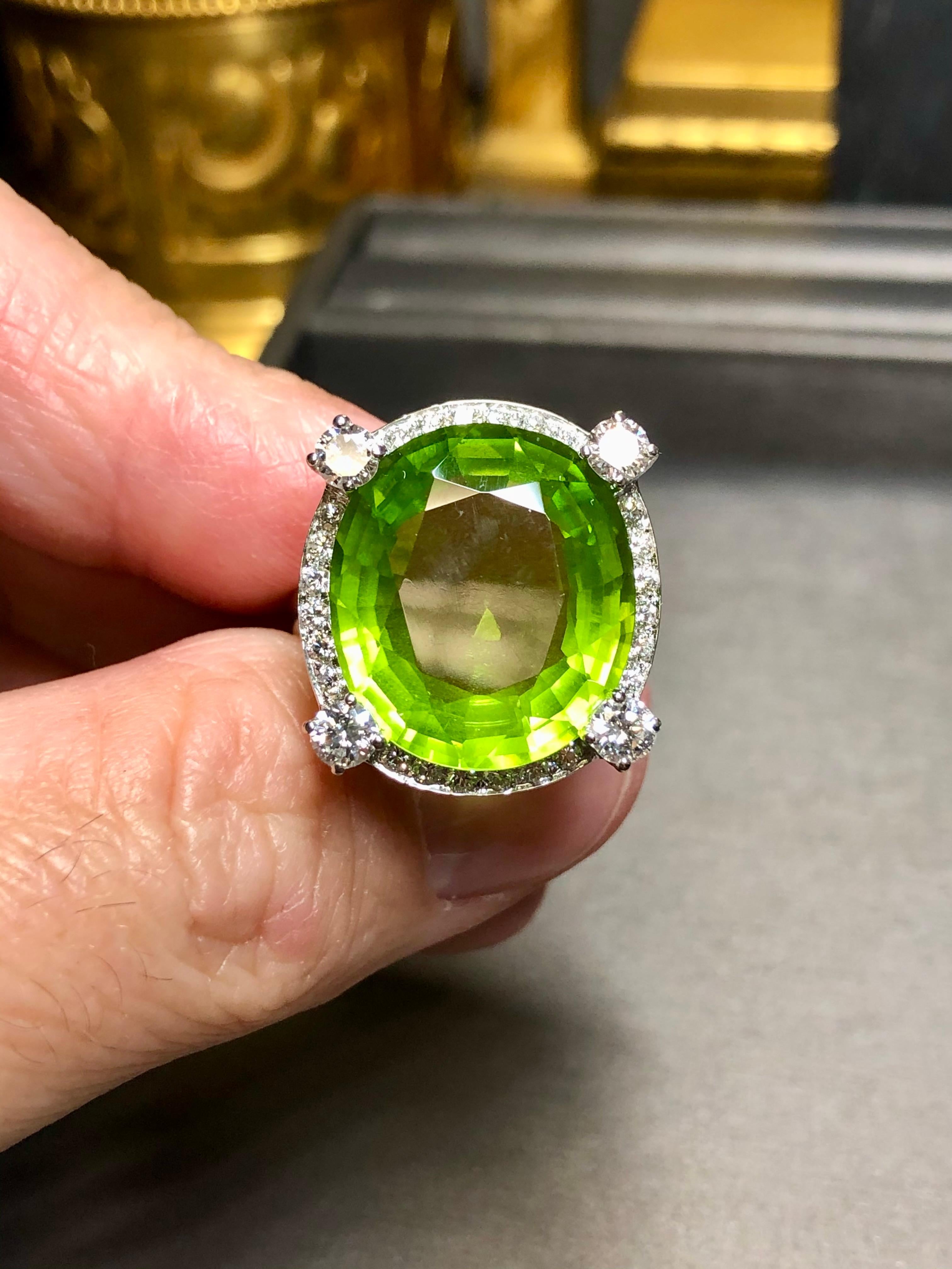 Oval Cut Estate Platinum LARGE Oval Peridot Diamond Cocktail Ring 19.61cttw Sz 6.5 For Sale