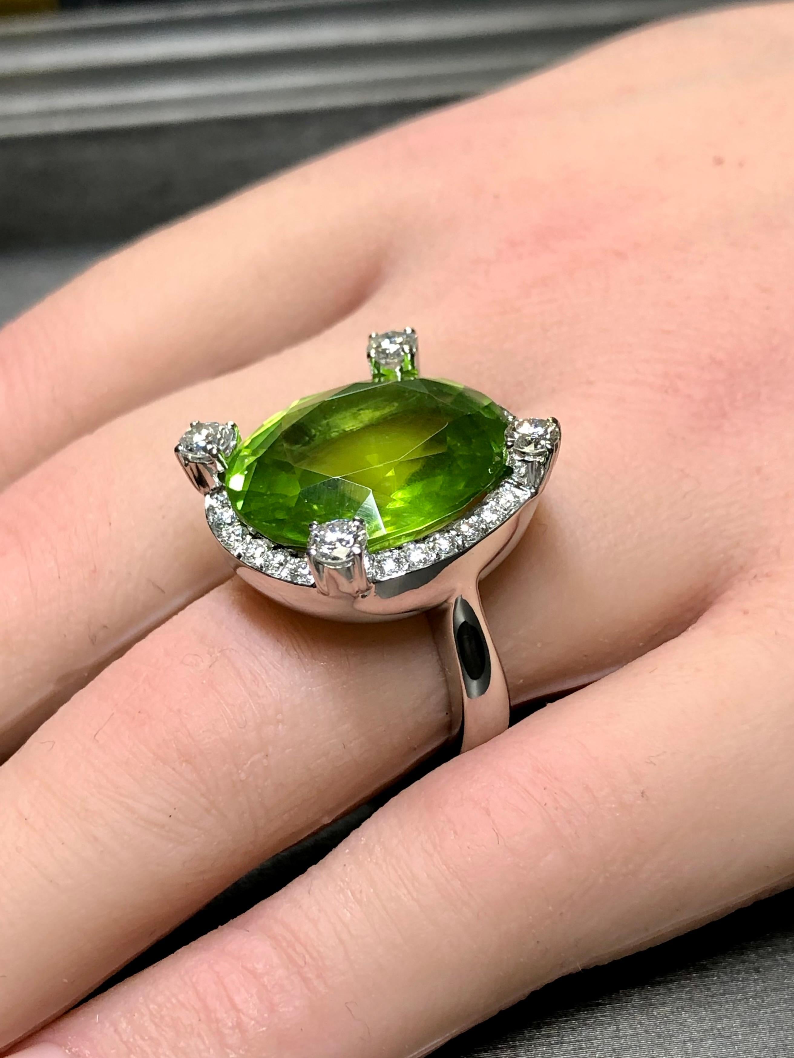 Women's or Men's Estate Platinum LARGE Oval Peridot Diamond Cocktail Ring 19.61cttw Sz 6.5 For Sale