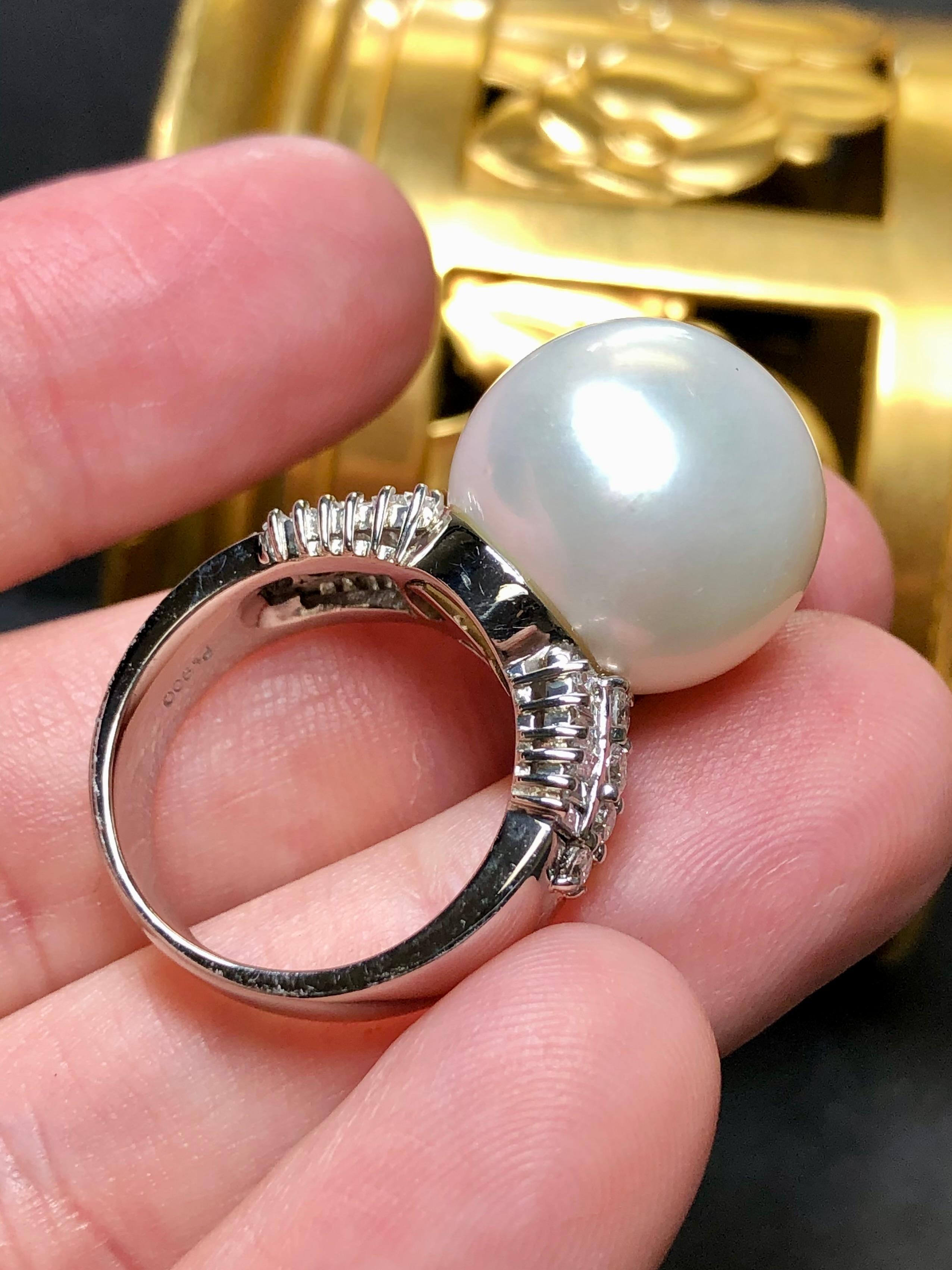 Estate Platinum LARGE South Sea Pearl Baguette Diamond Cocktail Ring 17.30mm In Good Condition For Sale In Winter Springs, FL