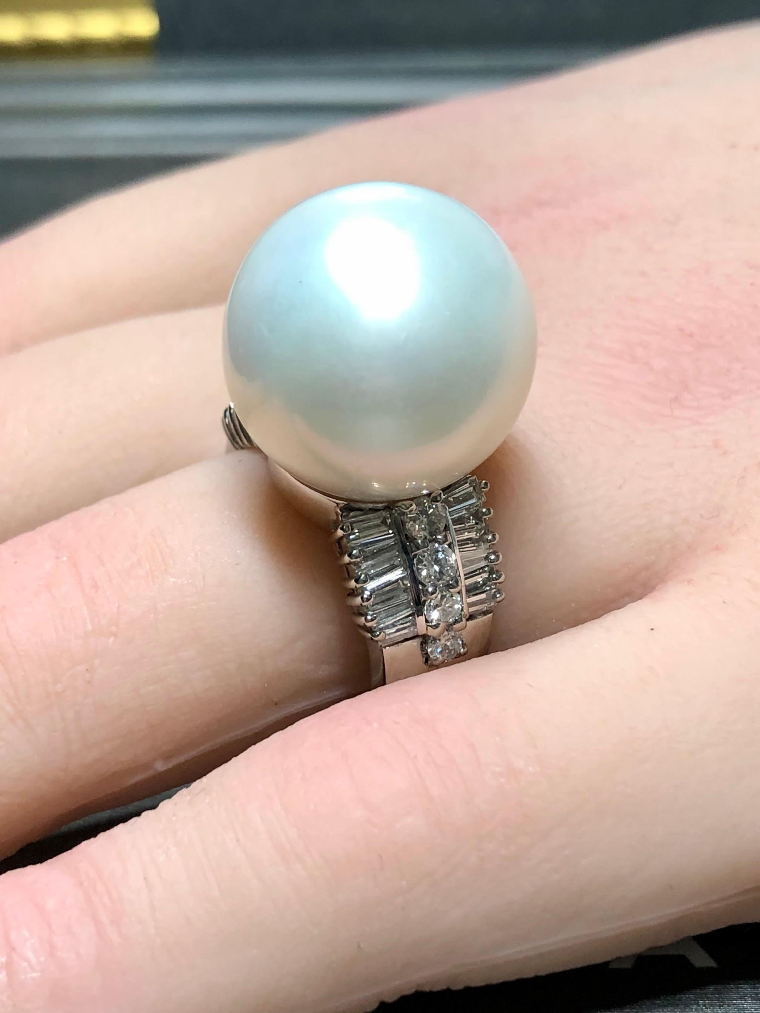 Estate Platinum LARGE South Sea Pearl Baguette Diamond Cocktail Ring 17.30mm For Sale 1