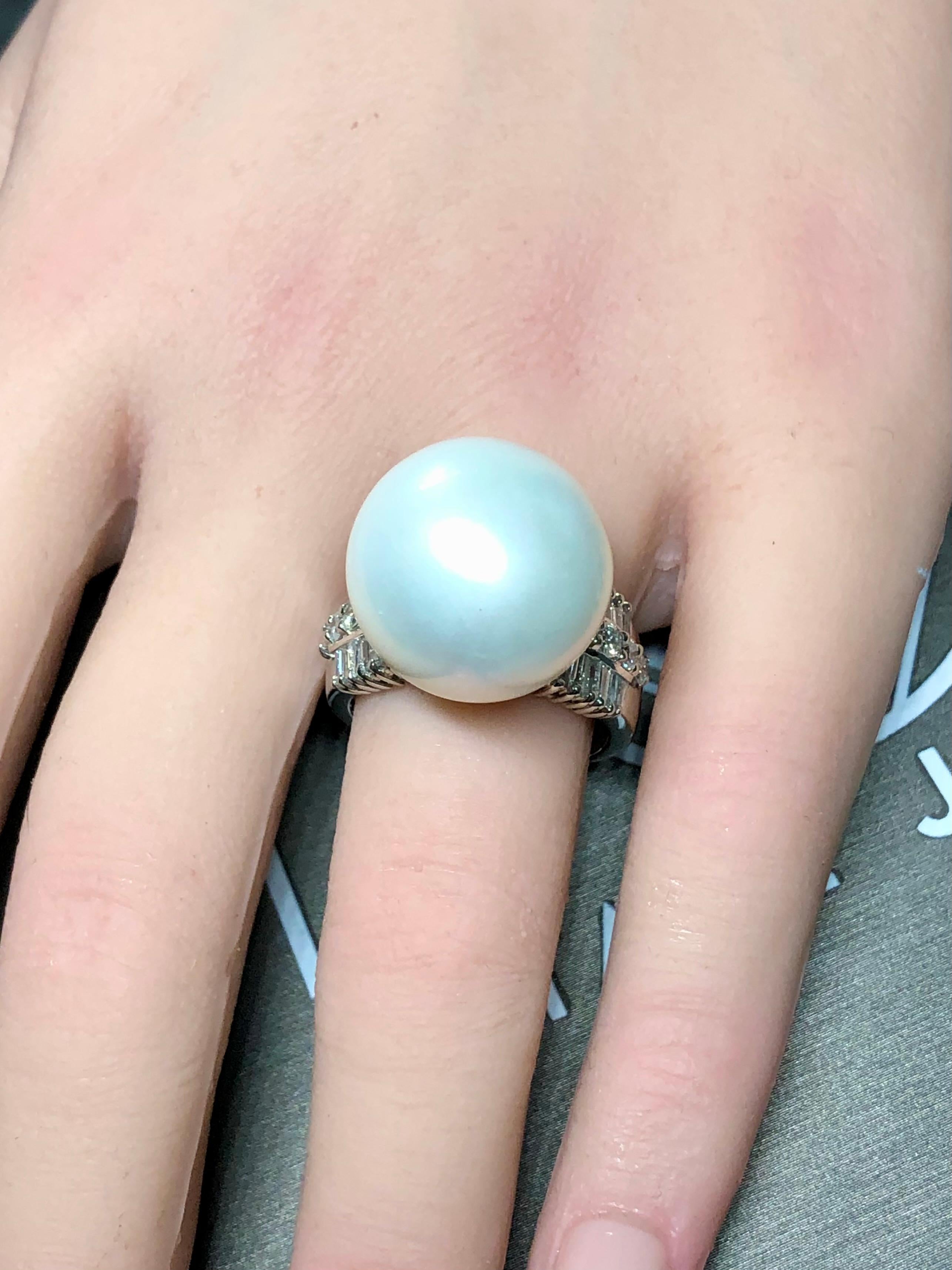 Estate Platinum LARGE South Sea Pearl Baguette Diamond Cocktail Ring 17.30mm For Sale 2